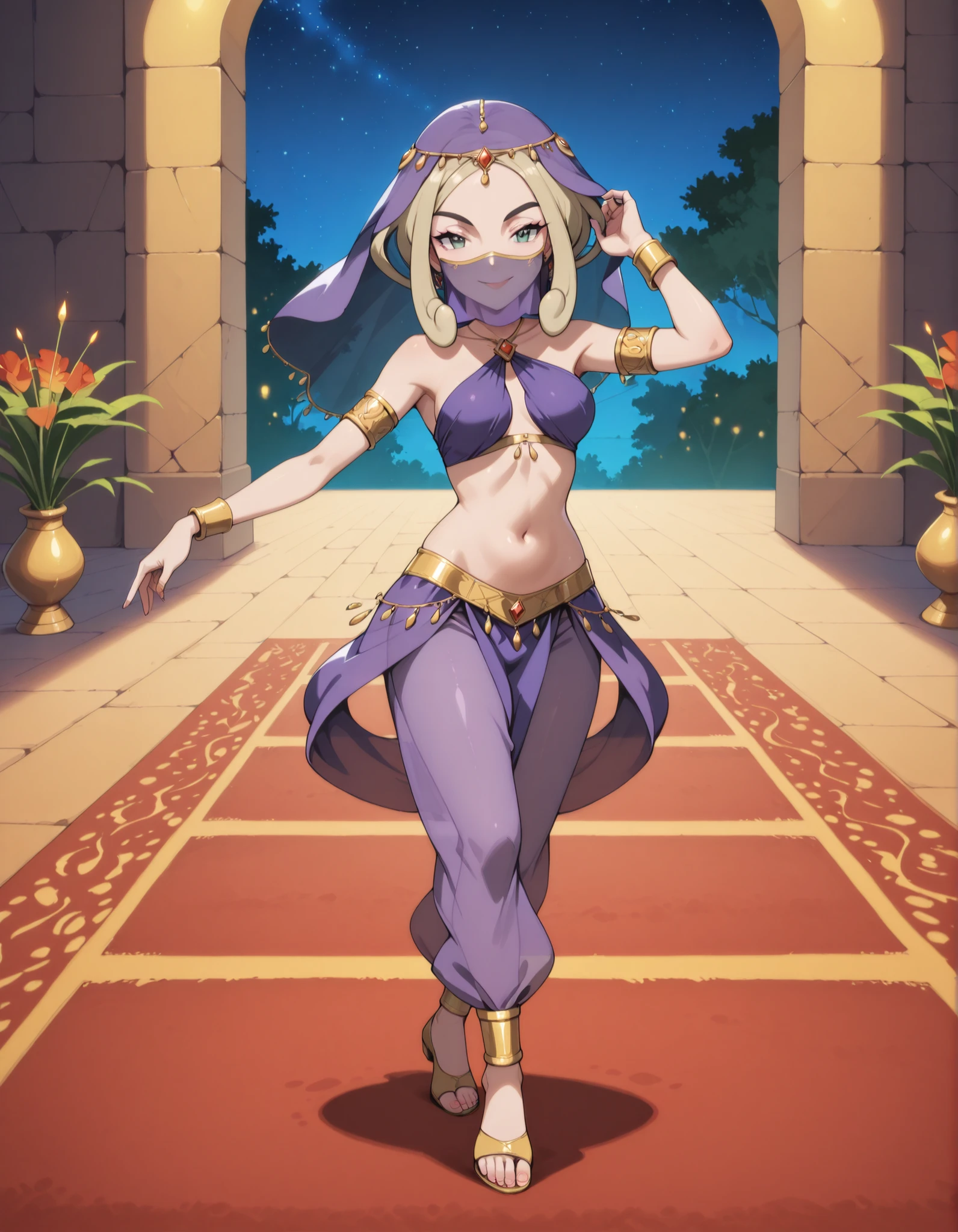 (1girl:1 . 5) , (Seul:1 . 5) , score_9 , score_8_haut , score_7_haut , source_anime , Official work , ultra-detailed , masterpiece , best quality selfie snapshot , high resolution , beaux yeux , detailed eyes , detailed face , beautiful detailed eyes ,Pokemon X&Y, Viola,Arabian Clothes , Arabian Dancer ,belly dancer costume ,full body,golden jewelery,mouth veil,armlet, belly dancing,night,arabian garden,seductive smile, dancing with veil, dynamic movement,dance posture, seductive pose