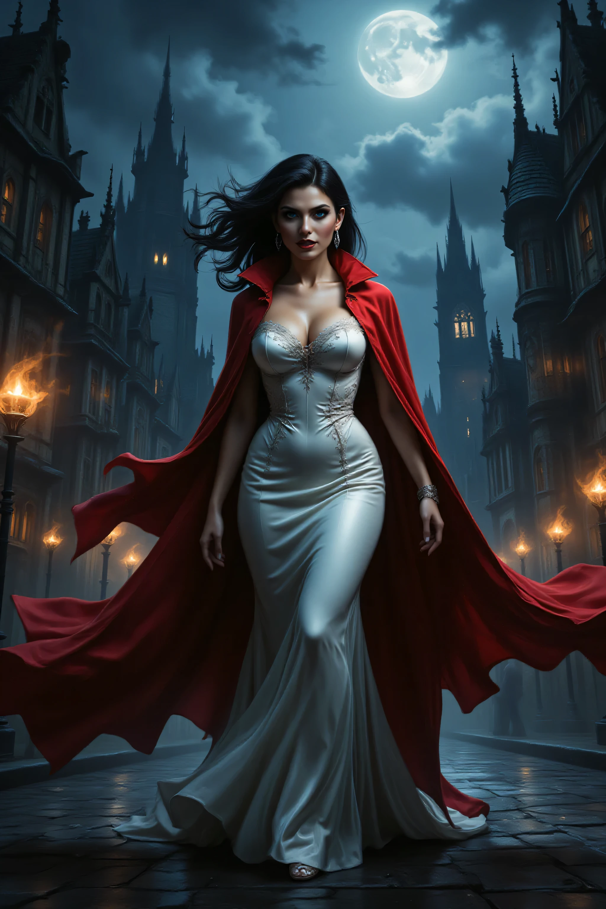 FntsyPstlCE style,midjourney ,Dracula,alt90th91rl,comic art, fantasy art, RPG art, ultra wide shot, a picture of a female vampire walking in a windy day, in the big city, a beautiful mature vampire , elegant vampire, dynamic hair color, dynamic hair style, wearing intricate white silk dress,  billowing in the wind, flowing red cloak, high heels,  standing in goth city at night, windy night, goth buildings, lit by torches, moon in the sky, 16k, [ultra detailed], masterpiece, best quality, (ultra detailed), full body, ultra wide shot