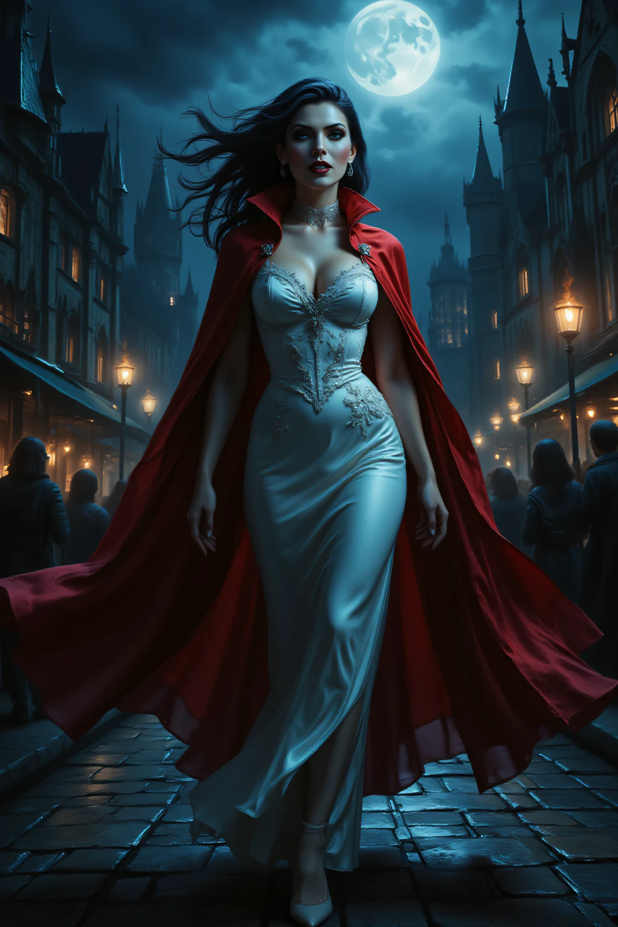 FntsyPstlCE style,midjourney ,Dracula,alt90th91rl,comic art, fantasy art, RPG art, ultra wide shot, a picture of a female vampire walking in a windy day, in the big city, a beautiful mature vampire , elegant vampire, dynamic hair color, dynamic hair style, wearing intricate white silk dress,  billowing in the wind, flowing red cloak, high heels,  standing in goth city at night, windy night, goth buildings, lit by torches, moon in the sky, 16k, [ultra detailed], masterpiece, best quality, (ultra detailed), full body, ultra wide shot