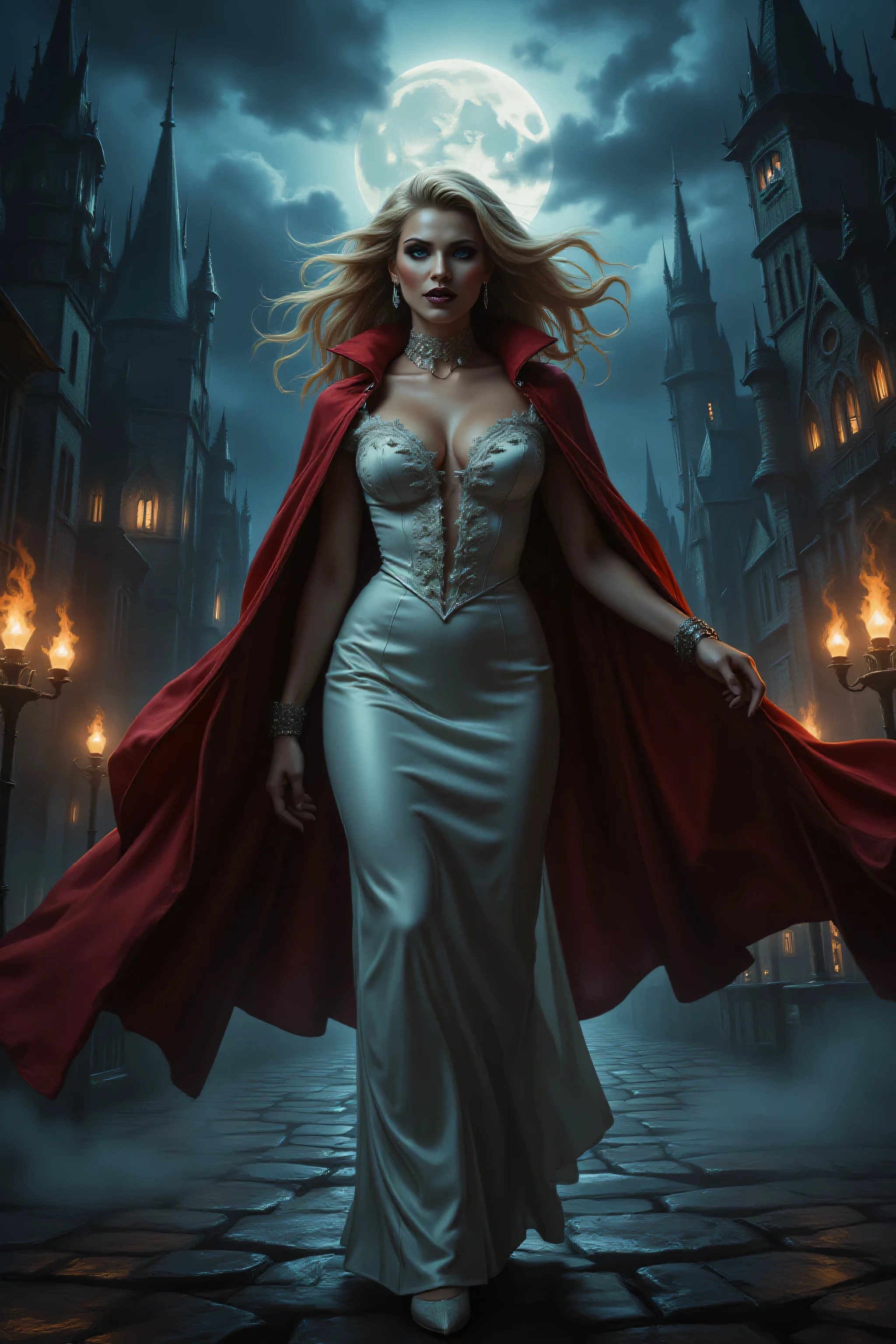 FntsyPstlCE style,midjourney ,Dracula,alt90th91rl,comic art, fantasy art, RPG art, ultra wide shot, a picture of a female vampire walking in a windy day, in the big city, a beautiful mature vampire , elegant vampire, dynamic hair color, dynamic hair style, wearing intricate white silk dress,  billowing in the wind, flowing red cloak, high heels,  standing in goth city at night, windy night, goth buildings, lit by torches, moon in the sky, 16k, [ultra detailed], masterpiece, best quality, (ultra detailed), full body, ultra wide shot