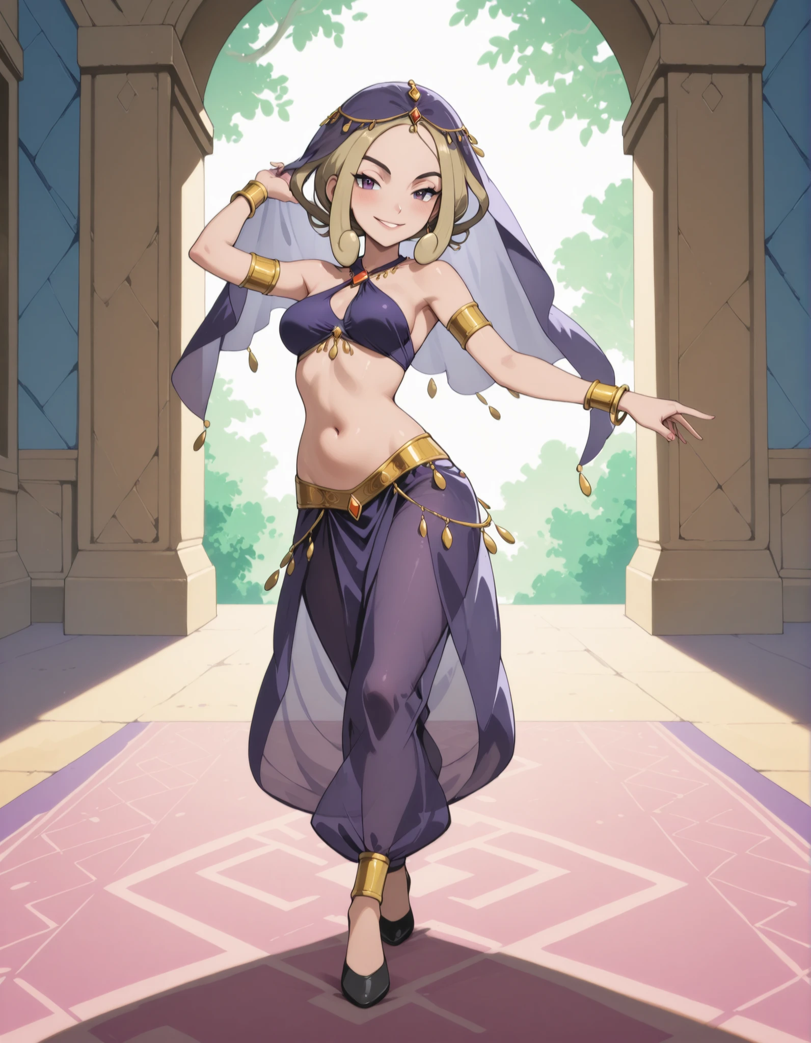 (1girl:1 . 5) , (Seul:1 . 5) , score_9 , score_8_haut , score_7_haut , source_anime , Official work , ultra-detailed , masterpiece , best quality selfie snapshot , high resolution , beaux yeux , detailed eyes , detailed face , beautiful detailed eyes ,Pokemon X&Y, Viola,Arabian Clothes , Arabian Dancer ,belly dancer costume ,full body,golden jewelery,armlet, belly dancing,arabian garden,seductive smile, dancing with veil, dynamic movement,dance posture, seductive pose