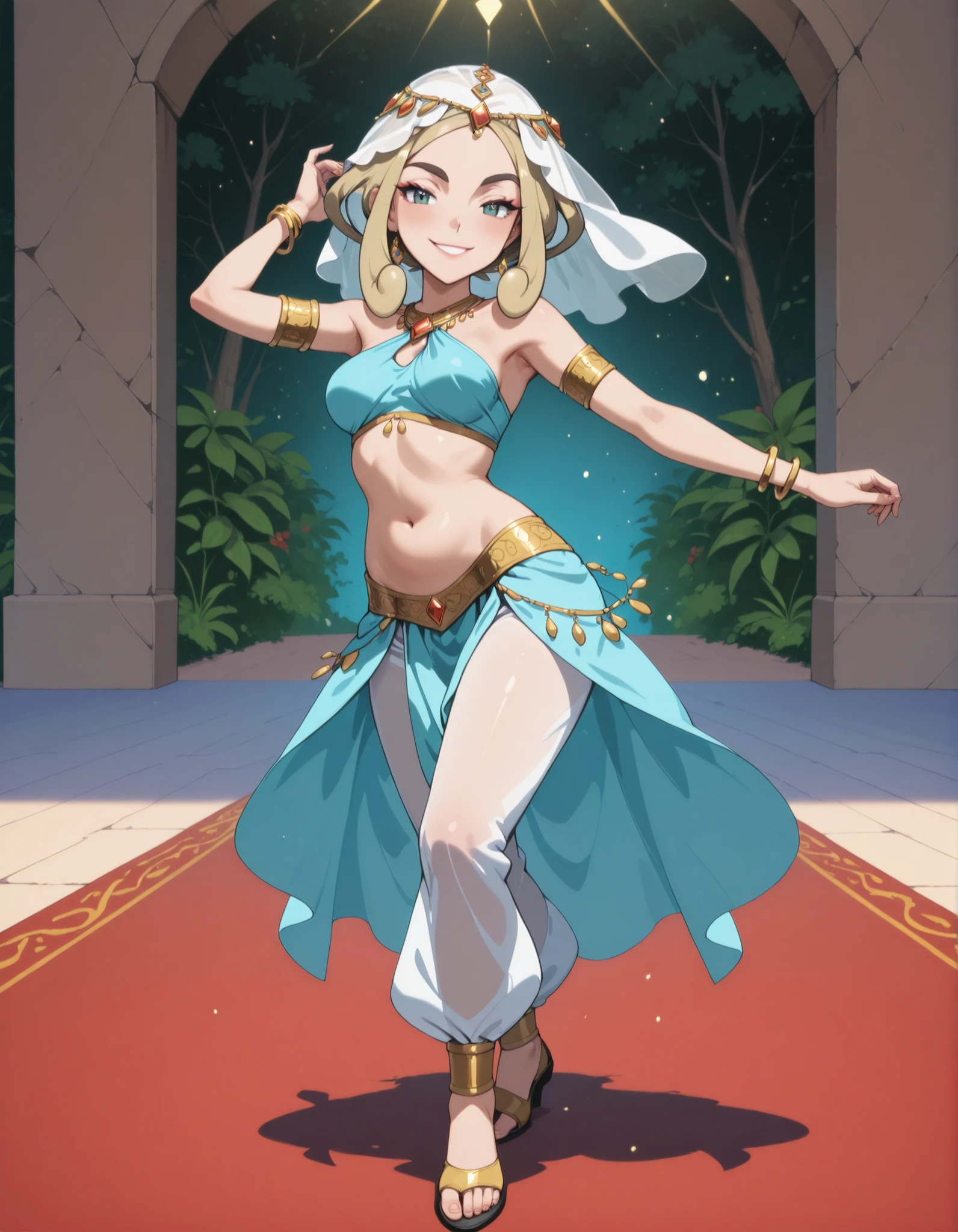 (1girl:1 . 5) , (Seul:1 . 5) , score_9 , score_8_haut , score_7_haut , source_anime , Official work  , ultra-detailed , masterpiece , best quality selfie snapshot , high resolution , beaux yeux , detailed eyes , detailed face , beautiful detailed eyes ,Pokemon X&Y, Viola,Arabian Clothes , Arabian Dancer ,belly dancer costume ,full body,golden jewelery,armlet, belly dancing,arabian garden,seductive smile, dancing with veil, dynamic movement,dance posture, seductive pose