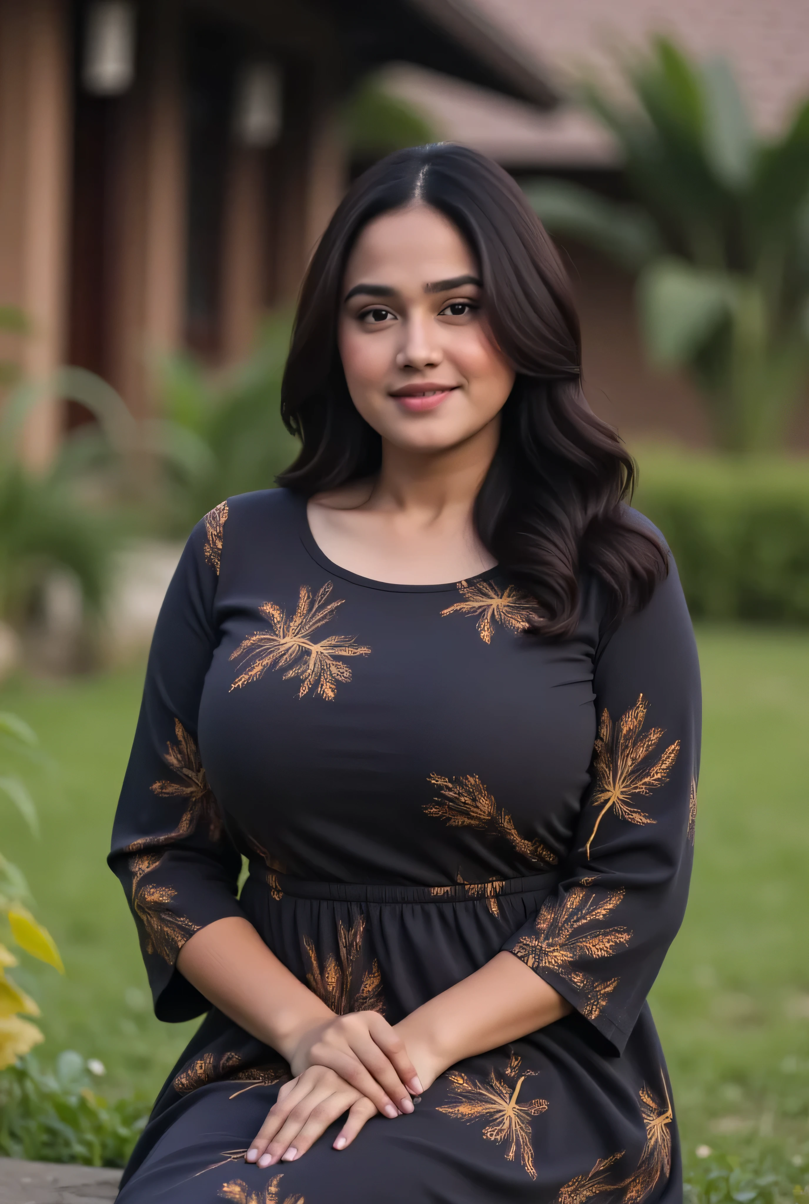   a woman sitting facing the audience  .  1girl  ,   black floral patterned flowers .  Beautiful Indonesian Woman Photo , wide angle shot  ,  exotic natural defects skin  ,   sitting in front of traditional indonesian village house,   village morning atmosphere in background   ,   1girl  , Alone,  staring at viewer , plump breasts,   sweaty black long ponytail Hair  , 
