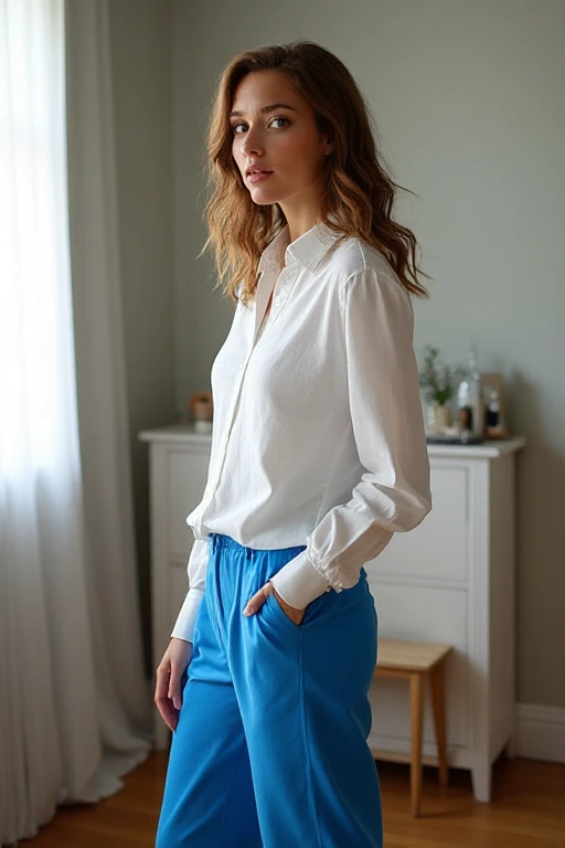 full body portrait of a stunningly beautiful student girl without make-up, 17 years old, /(perfect and detailed hands, fine fingers, perfect and highly detailed eyes, perfect face, perfect and athletic body,), /(long light brown hair, perfect blue eyes, beautiful legs, hourglass body, sexi,), /(school uniform: blues sky sweater, white blouse, white , dark blue socks,) extremely detailed light hazeyes, detailed symmetric realistic face, extremely detailed natural skin texture, peach fuzz, masterpiece, absurdres,