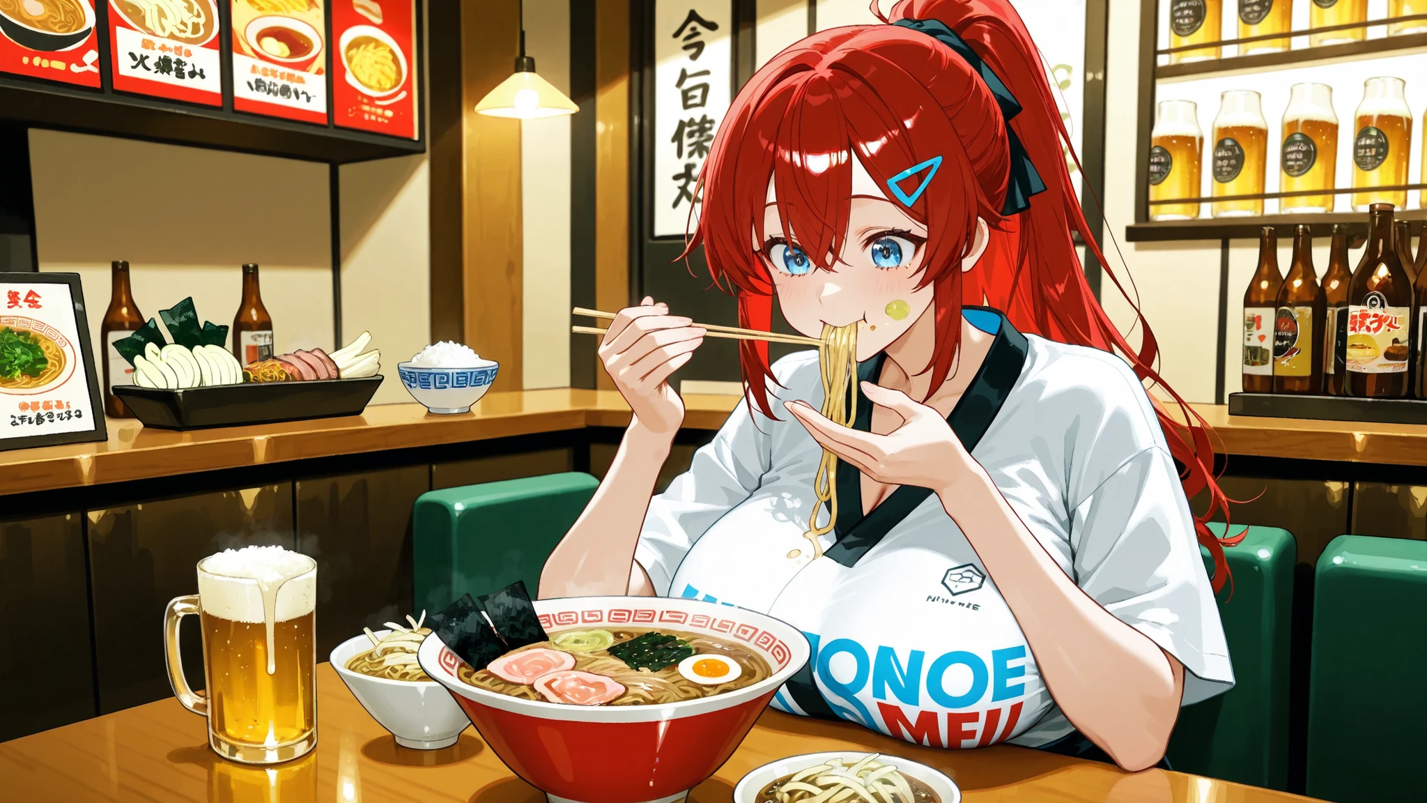 8k (high resolution) (Super Detailed) (masterpiece) (Highest Quality) animated illustration Detailed eyes detailed face Feminine Detailed Hands Delicate hair detailed wrinkles on clothes exquisite feminine figure fine skin detailed background solo Blue Eyes (red hair) hair clip on bangs (ponytail) (bundles his hair into one strand) BIG BREASTS Happy Expressions Ramen shop interior, Eating alone, The expression of concentrating on eating, Black rice bowl, Soy sauce ramen, Melting Pork, Golden noodles, Onion, seaweed, Clean interior, Gentle indirect lighting, counter seat, draft beer, atmosphere to enjoy the meal