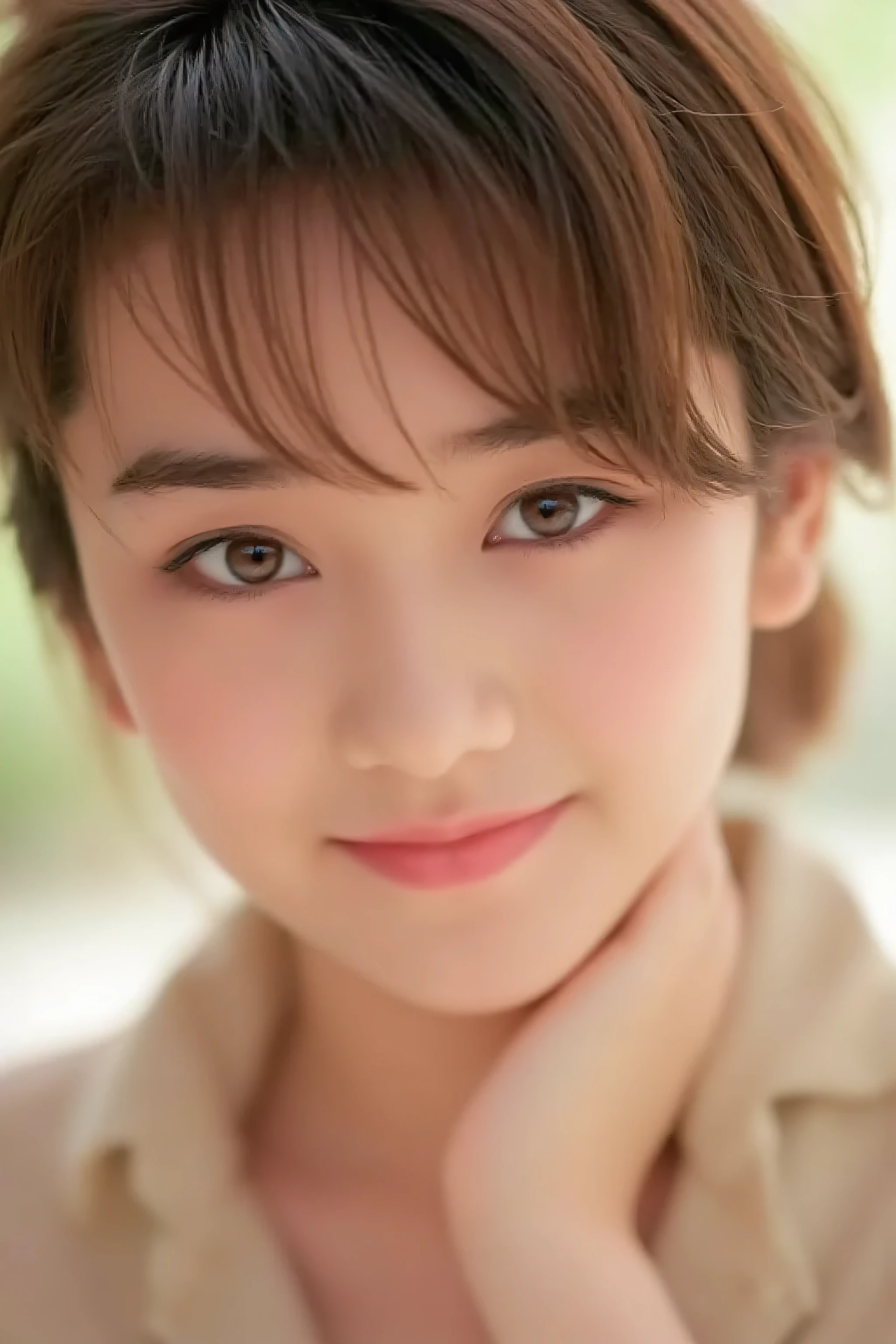 looking at viewer, realistic skin, beautiful eyes, beautiful face, full make up, masterpiece, Super Details, Best lighting, Realistic and Realistic Pictures, high definition RAW color pictures, slightly smile, brown hair, Hikaru Nishida, asian, perfect anatomy, highly detailed eyes, face focus, neat-girl, eyeline, close-up, 