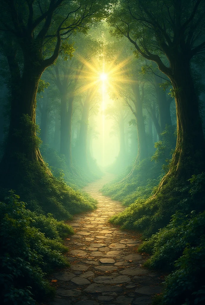 Path to the light in the middle of a mystical forest, symbolizing ...