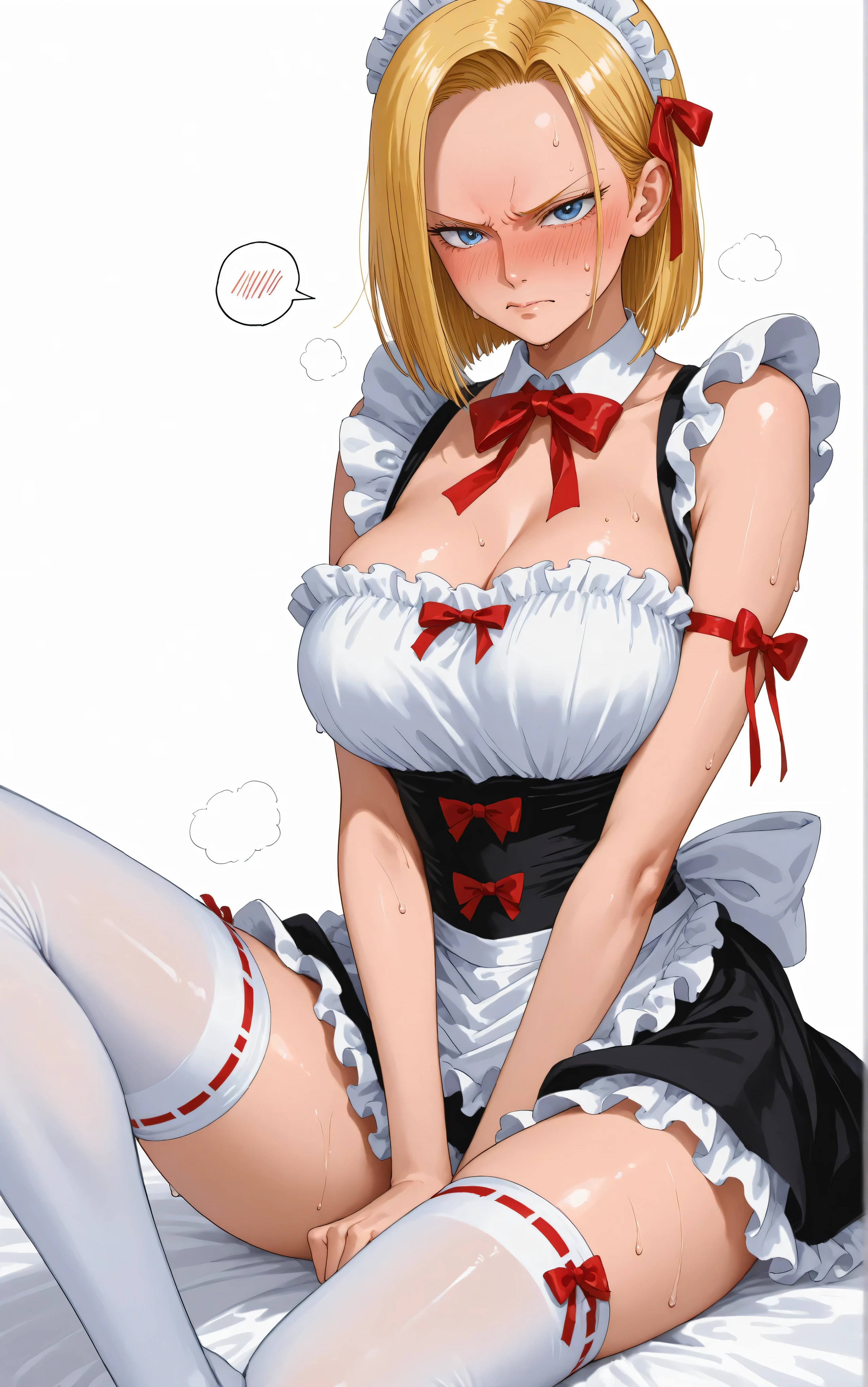 onepiecestyle,(masterpiece, detailed:1.2),solos、only one person、beautiful woman、sweat、android 18、embarrassed expression、white background、Android18、is angry、Anger Effect、red and white detailed maid outfit、high socks、Katyusha、ribbon、frills