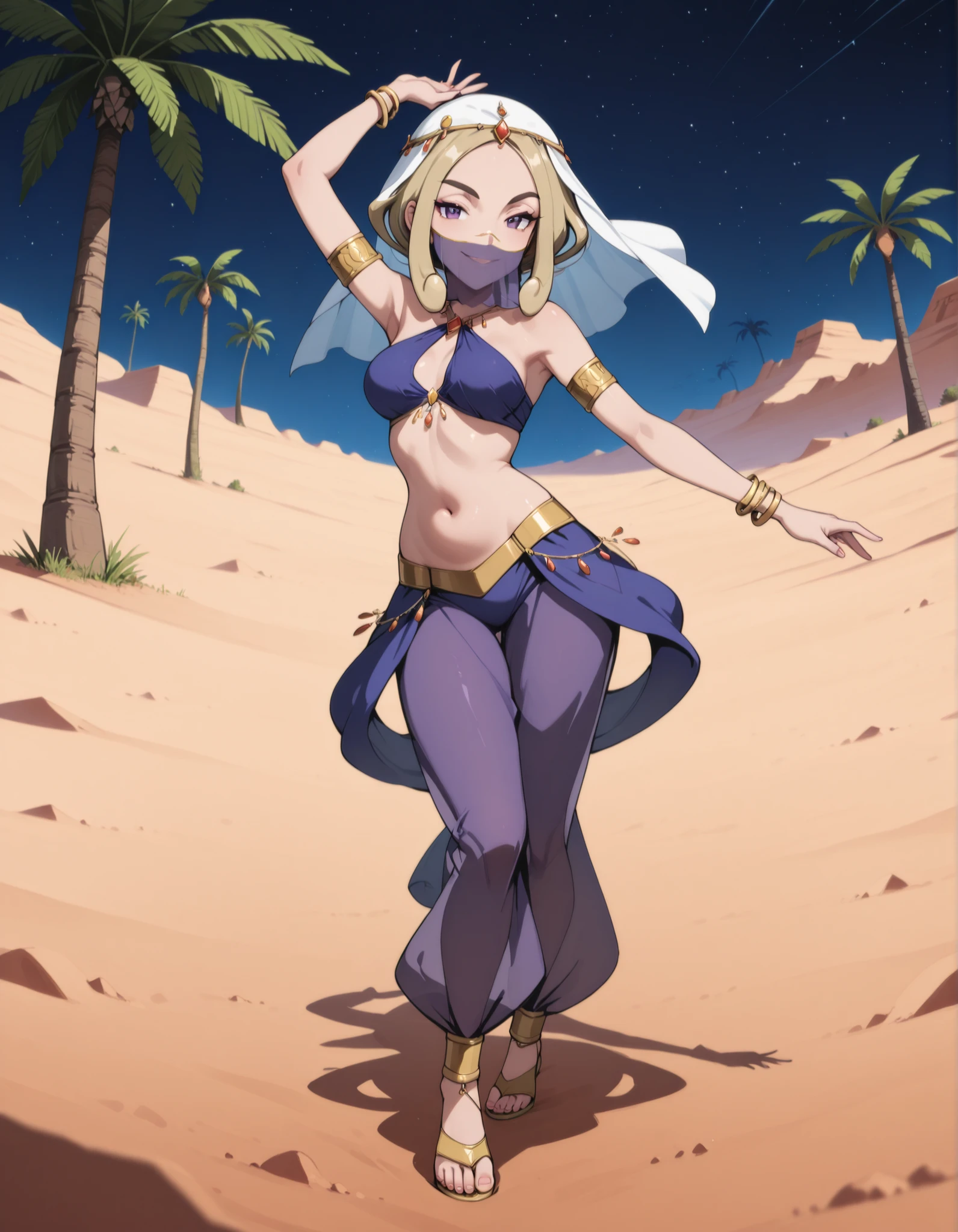 (1girl:1 . 5) , (Seul:1 . 5) , score_9 , score_8_haut , score_7_haut , source_anime , Official work  , ultra-detailed , masterpiece , best quality selfie snapshot , high resolution , beaux yeux , detailed eyes , detailed face , beautiful detailed eyes ,Pokemon X&Y, Viola,Arabian Clothes , Arabian Dancer ,belly dancer costume ,full body,golden jewelery,mouth veil,armlet, belly dancing,night,desert lands,palm tree,seductive smile, dancing with veil, dynamic movement,dance posture, seductive pose
