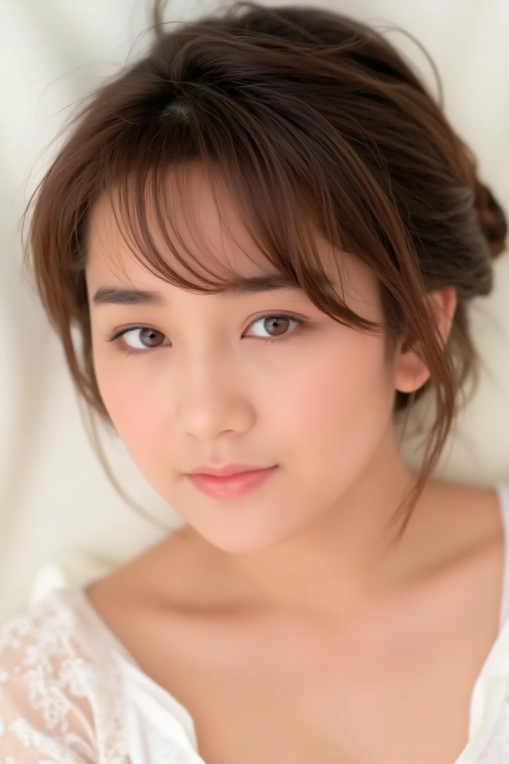 looking at viewer, realistic skin, beautiful eyes, beautiful face, full make up, masterpiece, Super Details, Best lighting, Realistic and Realistic Pictures, high definition RAW color pictures, slightly smile, brown hair, Hikaru Nishida, asian, perfect anatomy, highly detailed eyes, face focus, neat-girl, eyeline, close-up, realism,detailed, skin texture style,