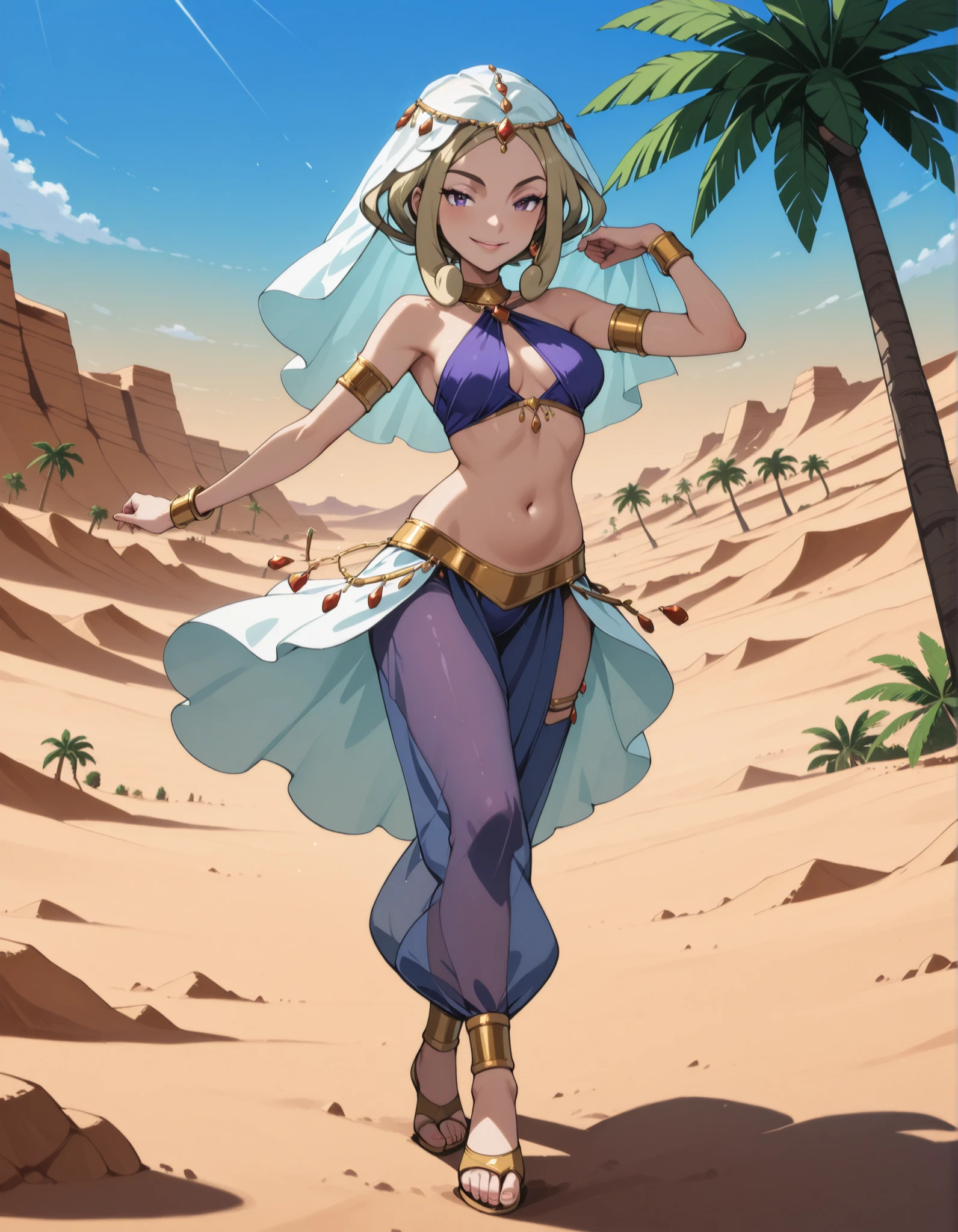 (1girl:1 . 5) , (Seul:1 . 5) , score_9 , score_8_haut , score_7_haut , source_anime , Official work , ultra-detailed , masterpiece , best quality selfie snapshot , high resolution , beaux yeux , detailed eyes , detailed face , beautiful detailed eyes ,Pokemon X&Y, Viola,Arabian Clothes , Arabian Dancer ,belly dancer costume ,full body,golden jewelery,armlet, belly dancing,desert lands,palm tree,seductive smile, dancing with veil, dynamic movement,dance posture, seductive pose