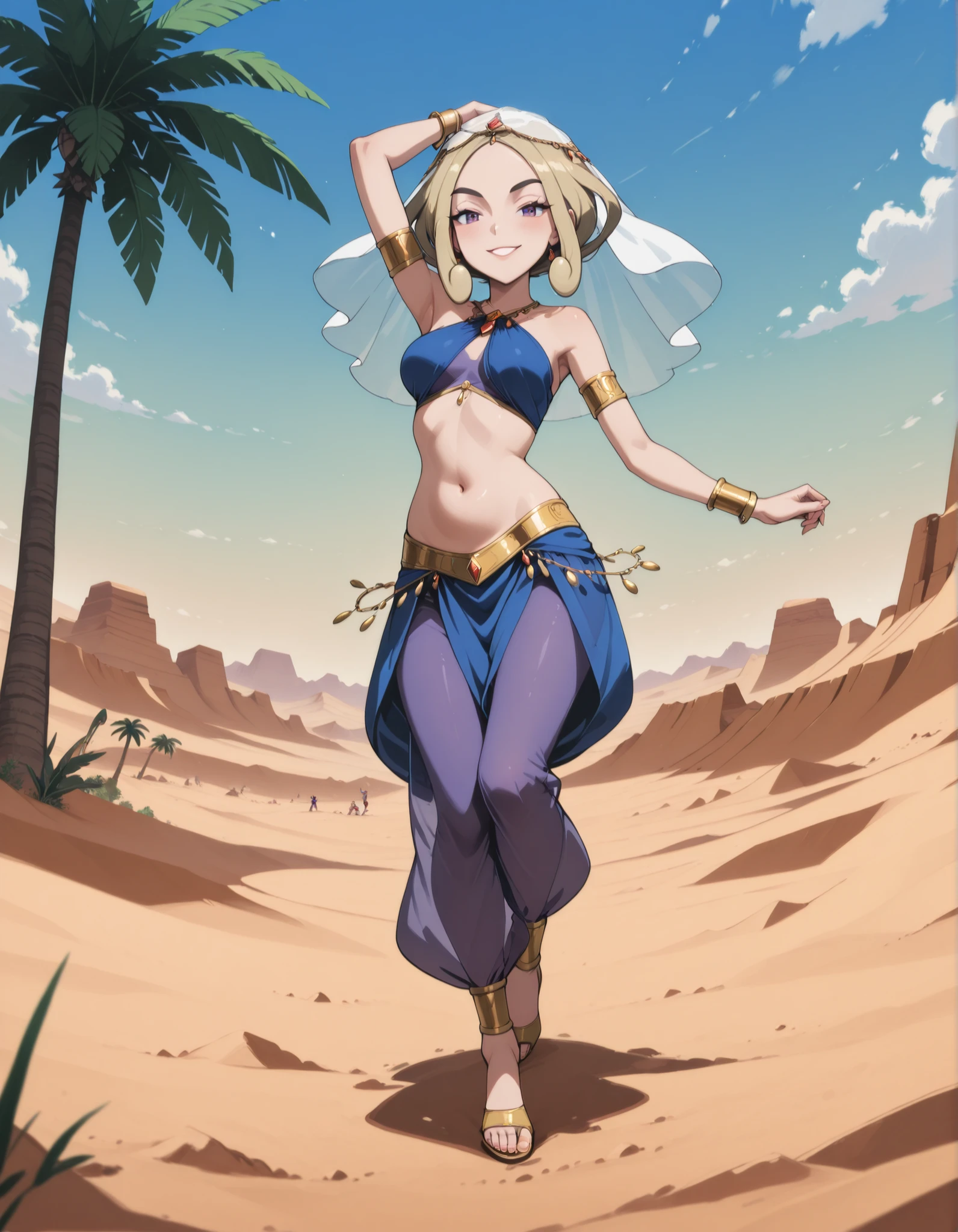 (1girl:1 . 5) , (Seul:1 . 5) , score_9 , score_8_haut , score_7_haut , source_anime , Official work , ultra-detailed , masterpiece , best quality selfie snapshot , high resolution , beaux yeux , detailed eyes , detailed face , beautiful detailed eyes ,Pokemon X&Y, Viola,Arabian Clothes , Arabian Dancer ,belly dancer costume ,full body,golden jewelery,armlet, belly dancing,desert lands,palm tree,seductive smile, dancing with veil, dynamic movement,dance posture, seductive pose