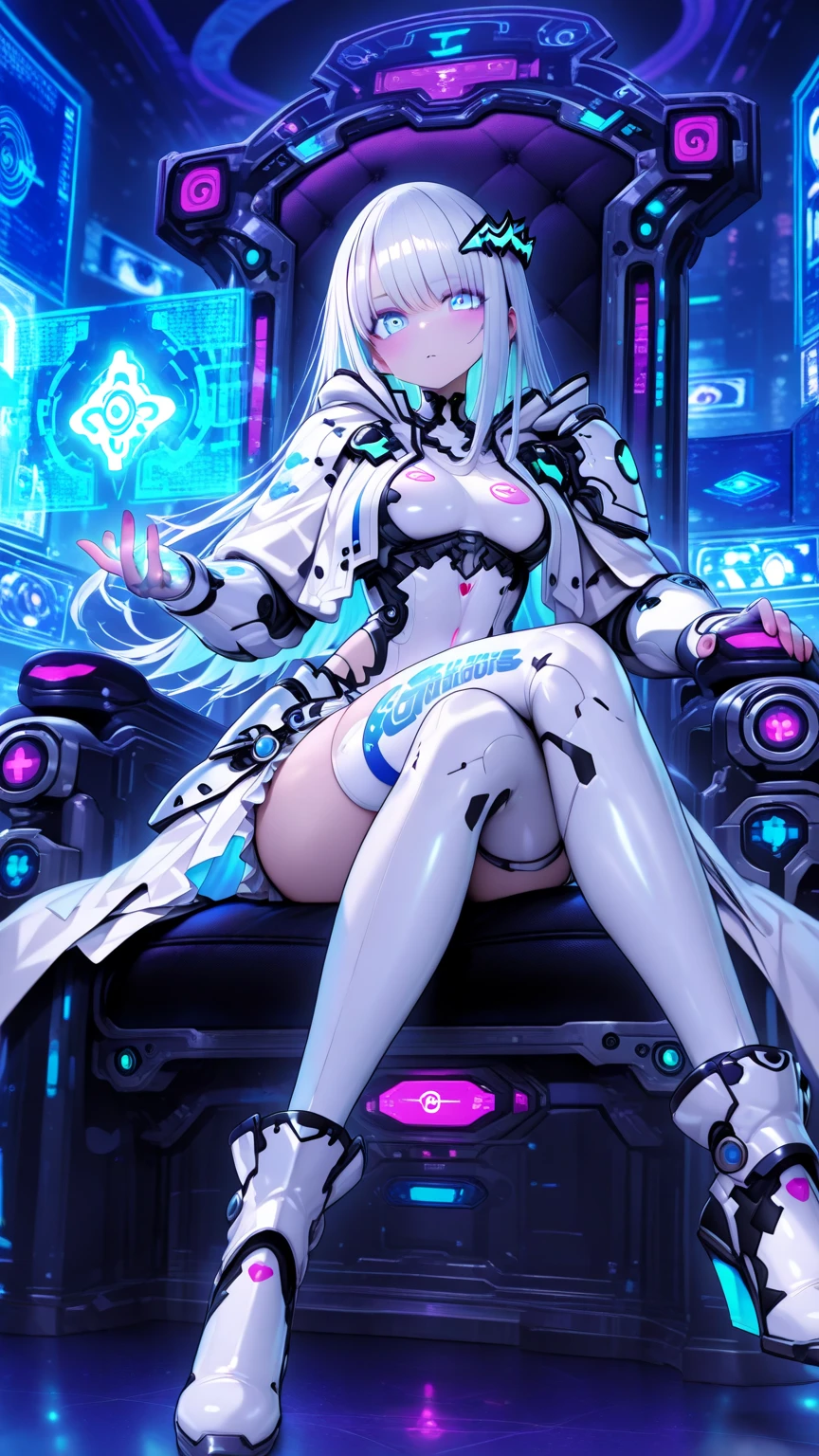 Envision an anime girl with cybernetic silver hair, styled in an asymmetrical bob with pixelated highlights. Her latex swimsuit boasts a mesmerizing mix of black and electric blue, resembling a glitchy ocean. Seated on a pixelated throne, surrounded by a sea of pixel waves, she gazes into the digital horizon. The swimsuit has glitch art patterns, and her expression carries a blend of regal poise and enigmatic allure, embodying the virtual royalty she represents.