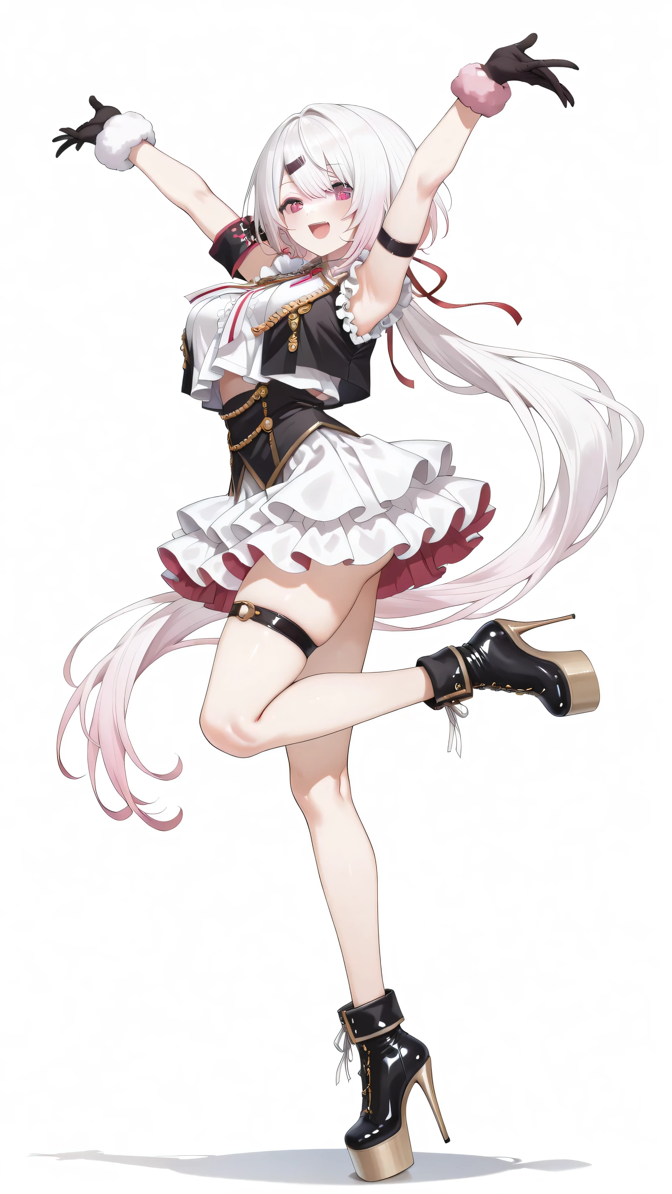 Shiina Yuika (/Nijisanji/),nijiyuika,large breasts,pink eyes,gradient hair,light pink hair,white hair,round face,long hair,low ponytail,((red ribbon)),((long red color ribbon)),hairclip,nijiyuikacos,((white tiered frilled shirt)),white shirt overhang,sleeveless,((white over shirt)),black vest,crop top vest,open vest,aiguillette,gold trim,((super large white ribbon tie)),((super long white ribbon tie)),pink brooch,single armband,black armband,((white skirt)),frilled skirt,layered skirt,black thigh strap,((only left thigh strap)),((Pink large faux fur-trimmed wristband)),(black glove),  1girl,bare legs, zettai ryouiki,sexy girl, happy,jumping,((one leg straight)), ((one leg stretched straight)),masterpiece, best quality, highres, anatomically correct,((full body)), shadow at feet, ((white background)),((ruanyi1375)),((platform heels)),((white nylon roll top)),(roll top style high heel shoes),((nylon ankle boots style ultra tall platform stiletto high heel)) ((ultra tall platform stiletto high heel)),((platform ultra tall stiletto high heel shoes)), ((ultra tall platform stiletto high heel)), ((ultra tall platform stiletto high heels)),gold stiletto high heel shoes, (gold platform high heel shoes), parts of underbutt,armpits,Naked Lower Body, hip line, left facing
