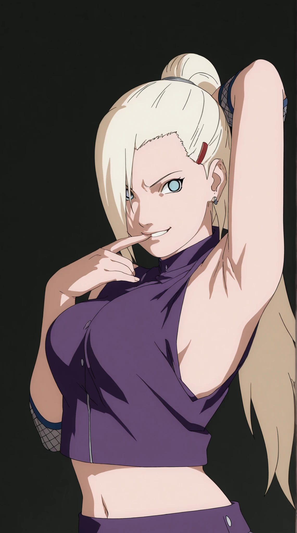 a close up of a young woman in a purple top and skirt, ino yamanaka from naruto, inspired by INO, sexsy pose,  pose, anime character, official render, anime art style, 2 d anime character, ino yamanaka, 1girl, solo, ,purple shirt, hair_ornament, jewelry, hairclip, earrings, hair_over_one_eye, armpit, high detailed armpit, looking at viewer with  gaze, cyan eyes color, anime shaded, realistic shaded, high detailed image, extream detail, flawless, relaxed expression, sucking finger, smiling gently, high detailed armpit skin, relaxed eyebrows