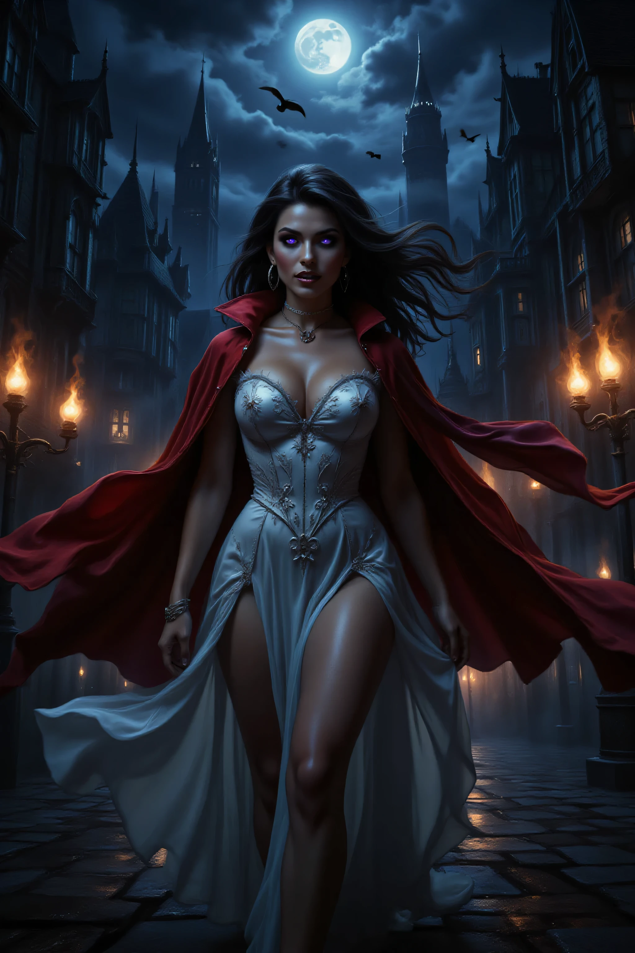 FntsyPstlCE style,midjourney ,Dracula,alt90th91rl,comic art, fantasy art, RPG art, ultra wide shot, a picture of a female vampire walking in a windy day, in the big city, a beautiful mature vampire , elegant vampire, dynamic hair color, dynamic hair style, purple glowing eyes, wearing intricate white silk dress,  billowing in the wind, flowing red cloak, high heels,  standing in goth city at night, windy night, goth buildings, lit by torches, moon in the sky, 16k, [ultra detailed], masterpiece, best quality, (ultra detailed), full body, ultra wide shot
