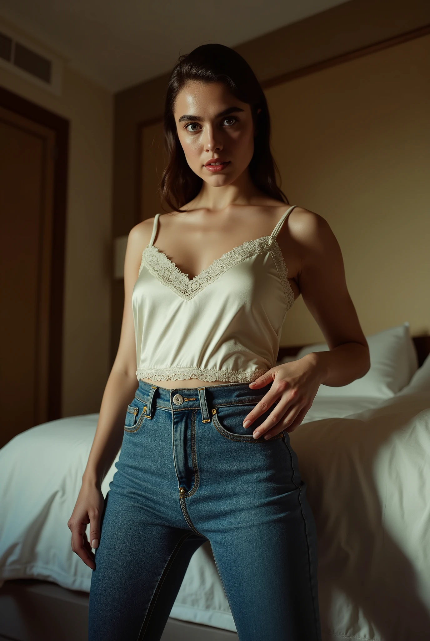photorealistic portrait, extreme low-angle full-body shot from slightly below the knees, looking up, making her appear towering, overpowering, and fully dominating the viewer, dominant young woman standing over the viewer, radiating absolute authority, strictness, and uncompromising command, wearing an elegant ivory silk-satin camisole with delicate lace trim along the neckline, no collar, no visible buttons anywhere, tucked into form-fitting, high-waisted skinny jeans emphasizing her curves, piercing, unwavering gaze locked directly on the viewer, expression cold, stern, unyielding, and intensely intimidating, body language rigid and exact, shoulders squared, chest forward, posture perfect and assertive, hands positioned deliberately with subtle tension, fingers slightly curled to command control, intimate framing that forces the viewer into her space, making her presence inescapable, upscale hotel room setting, natural daylight casting dramatic highlights and shadows that accentuate the luxurious textures of silk, lace, and denim, as well as the strict, sculpted contours of her figure, minimal props, focus entirely on her dominance, menace, strict authority, and magnetic intensity, cinematic, commanding, unapproachable, and unforgettable.