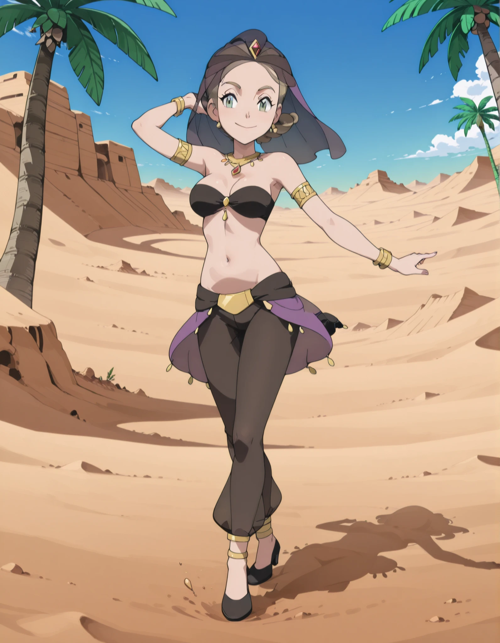 (1girl:1 . 5) , (Seul:1 . 5) , score_9 , score_8_haut , score_7_haut , source_anime , Official work  , ultra-detailed , masterpiece , best quality selfie snapshot , high resolution , beaux yeux , detailed eyes , detailed face , beautiful detailed eyes ,Pokemon XY, Alexa,Arabian Clothes , Arabian Dancer ,belly dancer costume ,full body,golden jewelery,armlet, belly dancing,desert lands,palm tree,seductive smile, dancing with veil, dynamic movement,dance posture, seductive pose