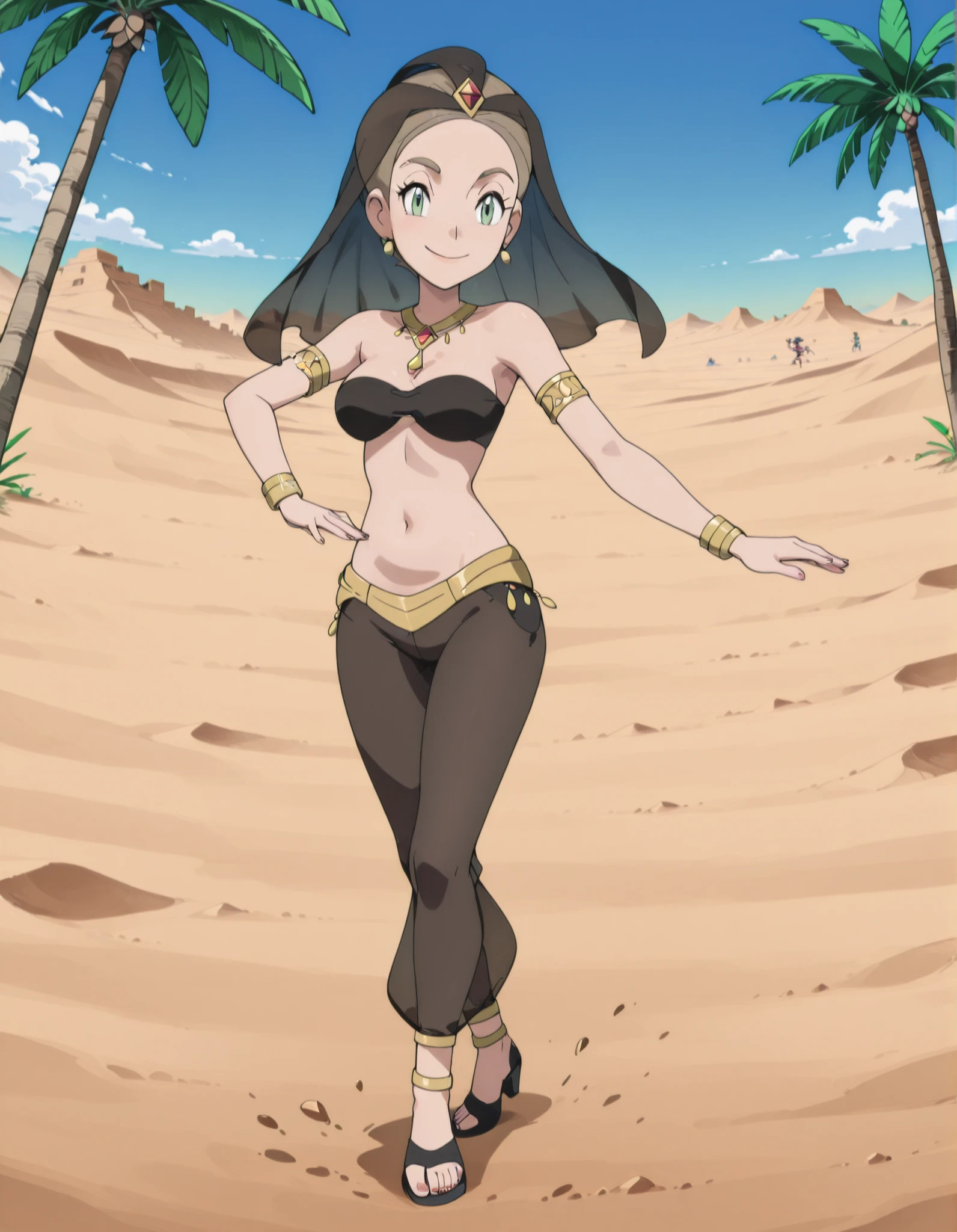 (1girl:1 . 5) , (Seul:1 . 5) , score_9 , score_8_haut , score_7_haut , source_anime , Official work , ultra-detailed , masterpiece , best quality selfie snapshot , high resolution , beaux yeux , detailed eyes , detailed face , beautiful detailed eyes ,Pokemon XY, Alexa,Arabian Clothes , Arabian Dancer ,belly dancer costume ,full body,golden jewelery,armlet, belly dancing,desert lands,palm tree,seductive smile, dancing with veil, dynamic movement,dance posture, seductive pose