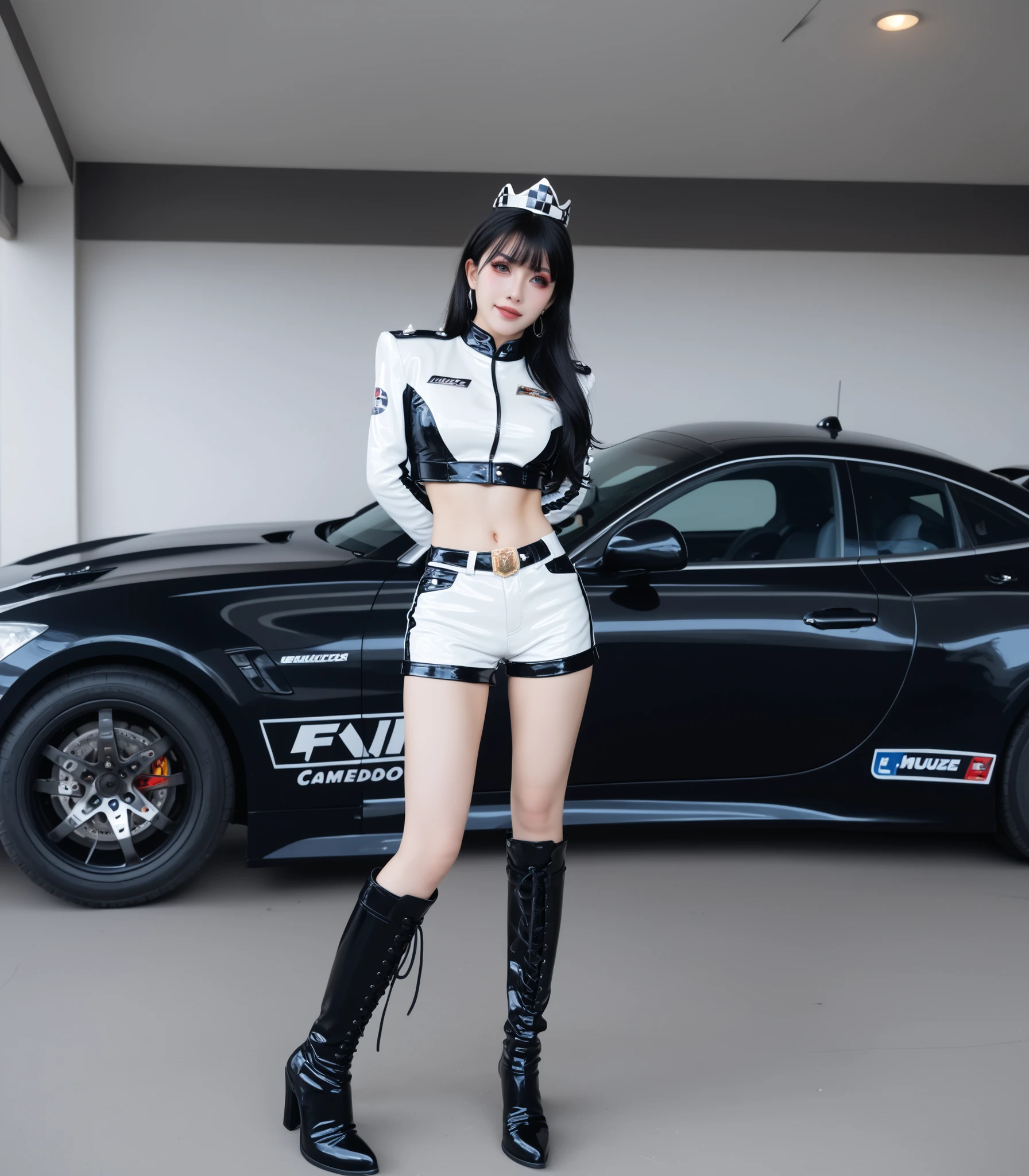 high resolution, mulher adulta , good lighting, despicable, , (sem nudez), (((racing queen's uniform))), (()), (((thigh-high leather boots))), (cinta-liga), abdomen only, (Shorts molhados), , rosto fofo, eu'I'm embarrassed and blushed, humilhante, ((Spread your legitimacy))(T-costas)(pista de corrida)