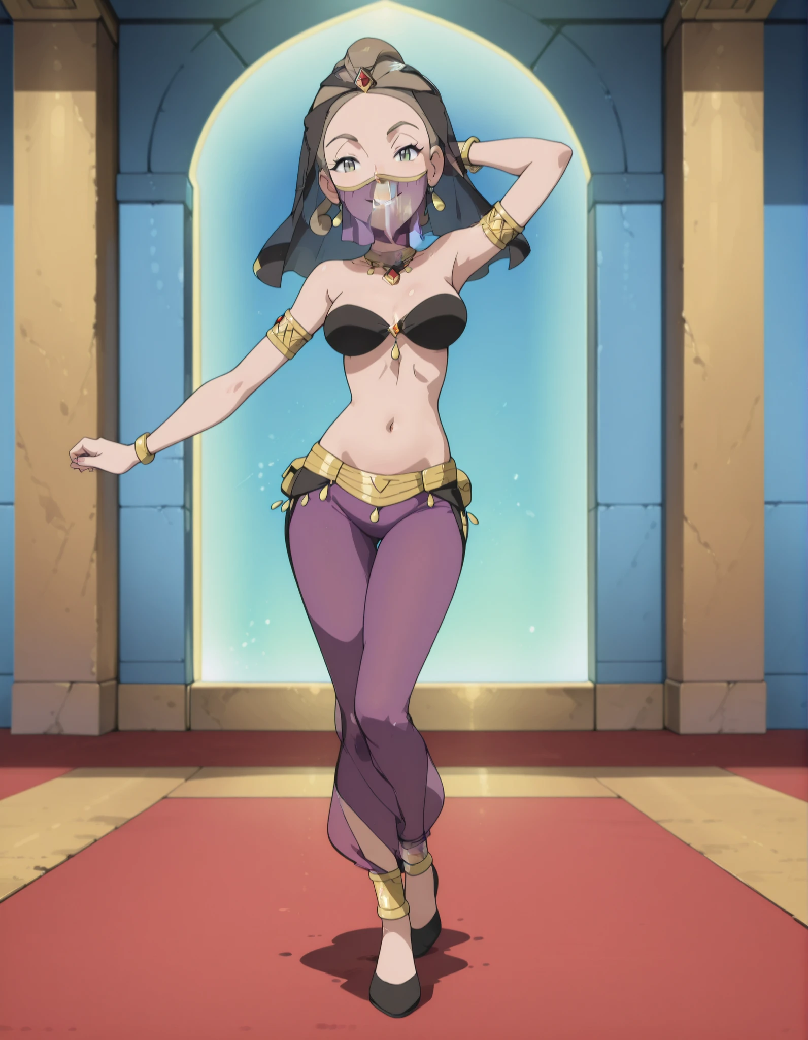 (1girl:1 . 5) , (Seul:1 . 5) , score_9 , score_8_haut , score_7_haut , source_anime , Official work , ultra-detailed , masterpiece , best quality selfie snapshot , high resolution , beaux yeux , detailed eyes , detailed face , beautiful detailed eyes ,Pokemon XY, Alexa,Arabian Clothes , Arabian Dancer ,belly dancer costume ,full body,golden jewelery,mouth veil,armlet, belly dancing,arabian theater,seductive smile, dancing with veil, dynamic movement,dance posture, seductive pose