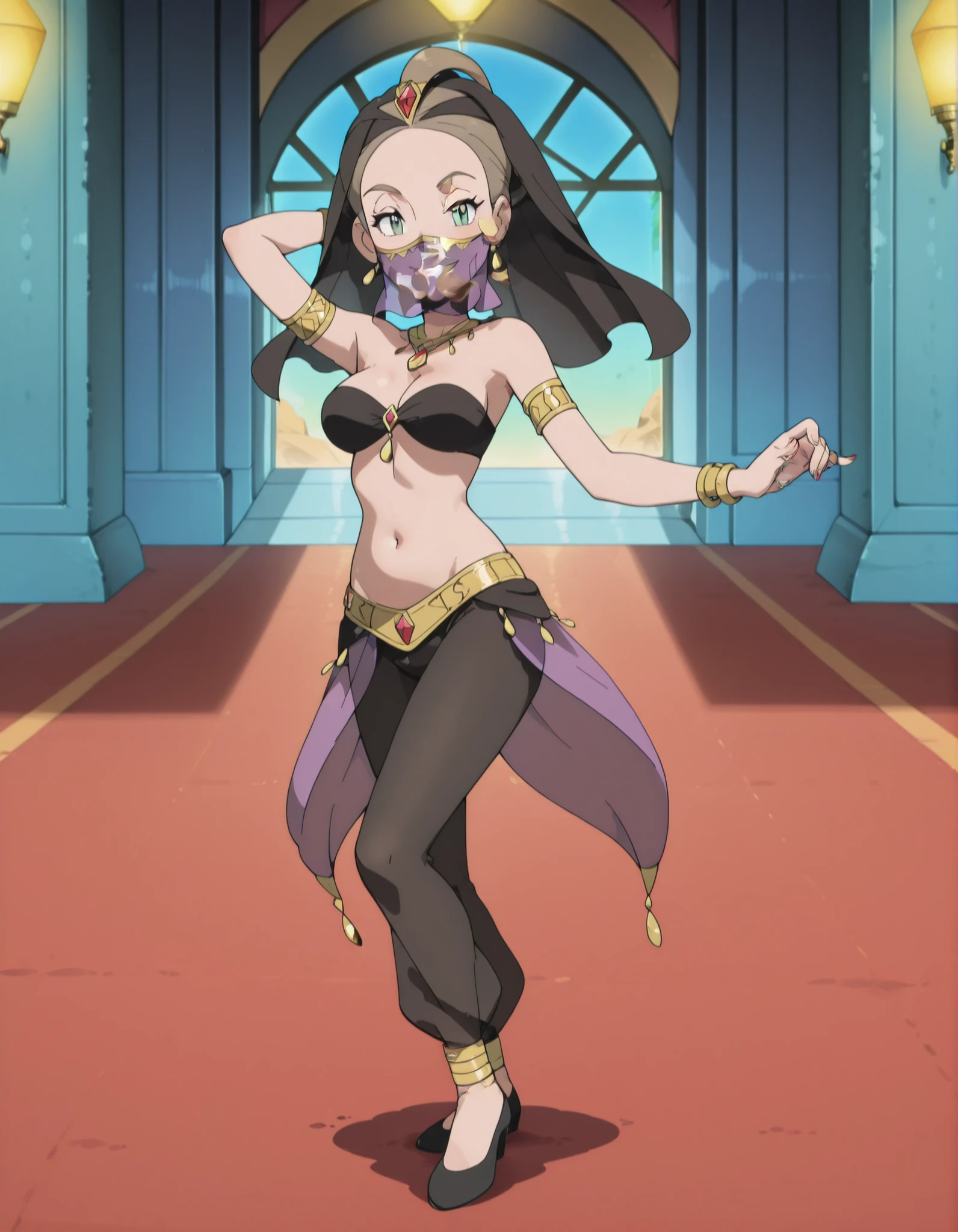 (1girl:1 . 5) , (Seul:1 . 5) , score_9 , score_8_haut , score_7_haut , source_anime , Official work , ultra-detailed , masterpiece , best quality selfie snapshot , high resolution , beaux yeux , detailed eyes , detailed face , beautiful detailed eyes ,Pokemon XY, Alexa,Arabian Clothes , Arabian Dancer ,belly dancer costume ,full body,golden jewelery,mouth veil,armlet, belly dancing,arabian theater,seductive smile, dancing with veil, dynamic movement,dance posture, seductive pose