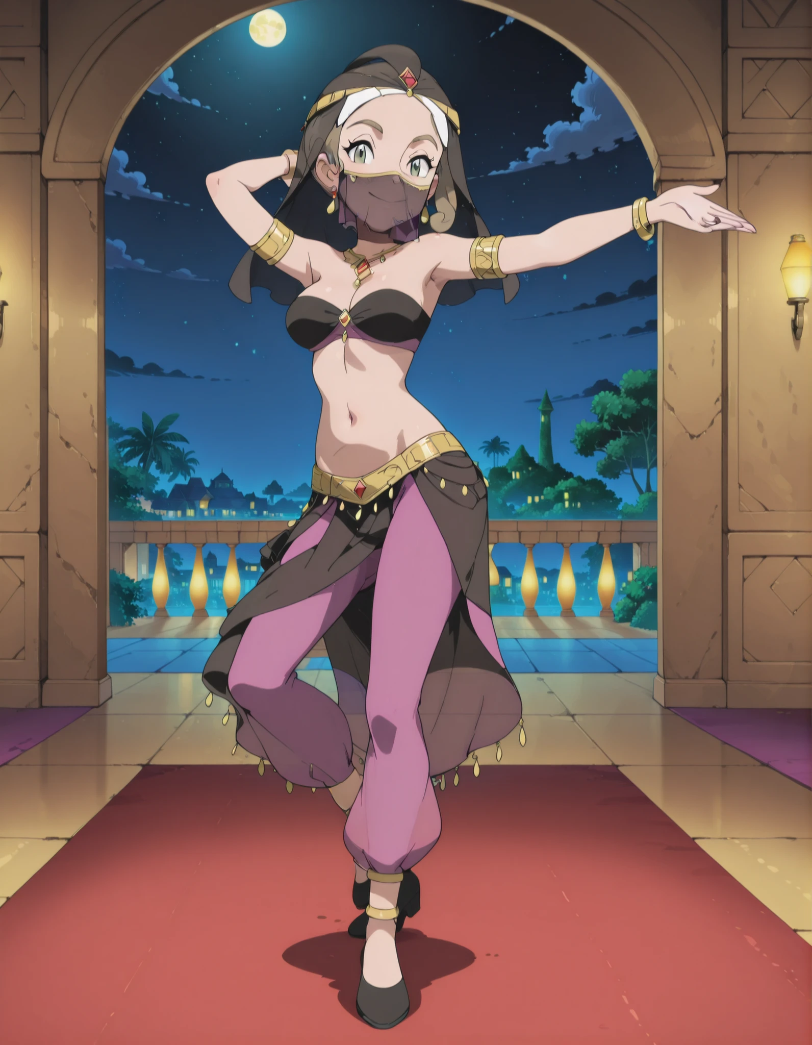 (1girl:1 . 5) , (Seul:1 . 5) , score_9 , score_8_haut , score_7_haut , source_anime , Official work  , ultra-detailed , masterpiece , best quality selfie snapshot , high resolution , beaux yeux , detailed eyes , detailed face , beautiful detailed eyes ,Pokemon XY, Alexa,Arabian Clothes , Arabian Dancer ,belly dancer costume ,full body,golden jewelery,mouth veil,armlet, belly dancing,night,arabian garden,seductive smile, dancing with veil, dynamic movement,dance posture, seductive pose