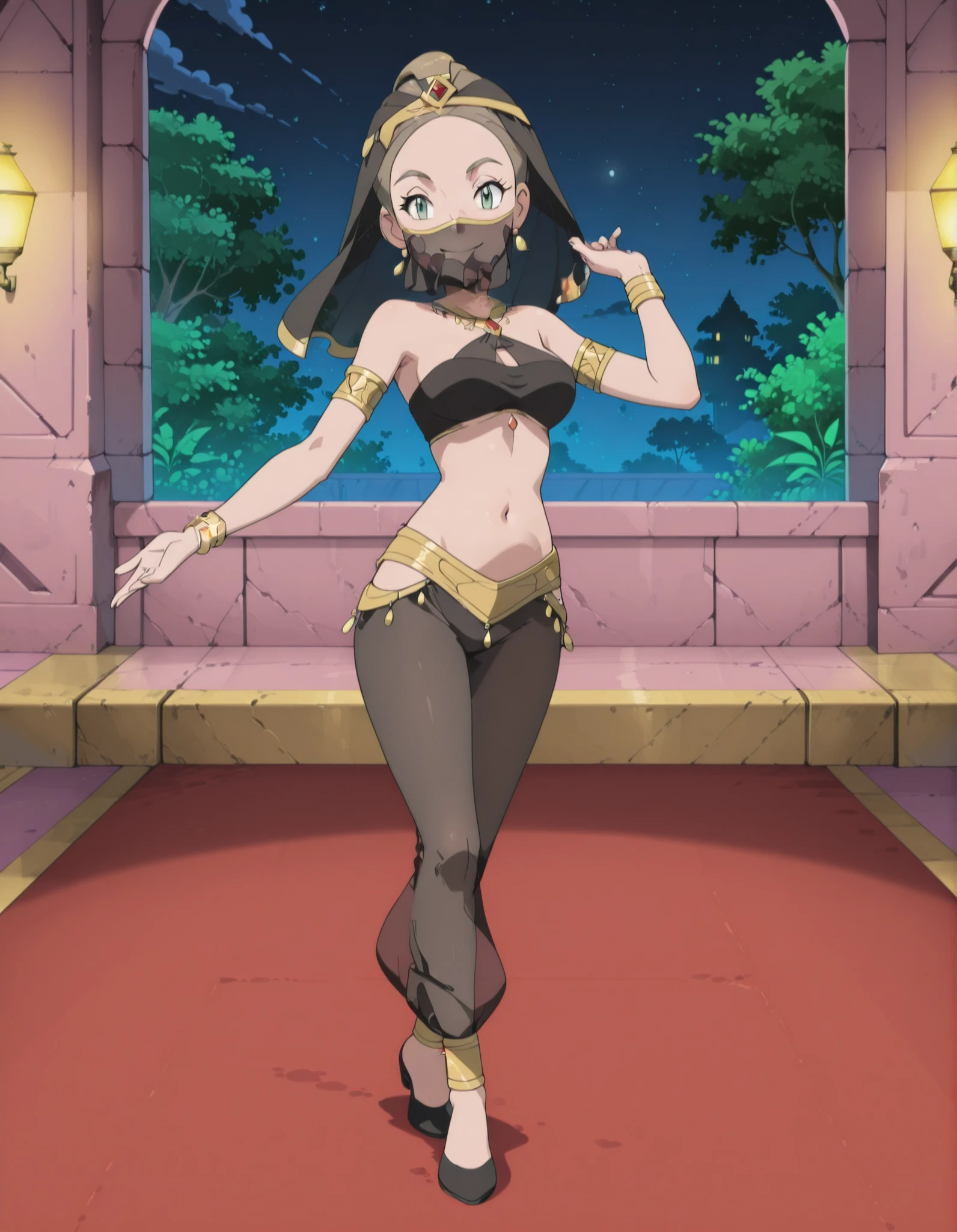 (1girl:1 . 5) , (Seul:1 . 5) , score_9 , score_8_haut , score_7_haut , source_anime , Official work , ultra-detailed , masterpiece , best quality selfie snapshot , high resolution , beaux yeux , detailed eyes , detailed face , beautiful detailed eyes ,Pokemon XY, Alexa,Arabian Clothes , Arabian Dancer ,belly dancer costume ,full body,golden jewelery,mouth veil,armlet, belly dancing,night,arabian garden,seductive smile, dancing with veil, dynamic movement,dance posture, seductive pose