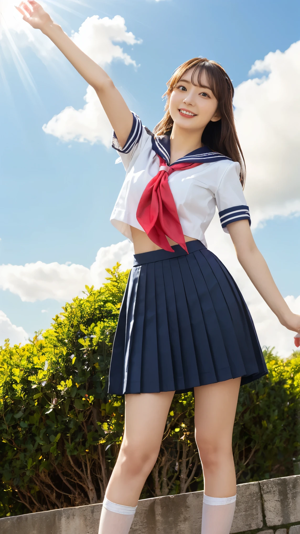 (very realistic photograph), front view, full body, (A beautiful girl is standing on a top of a hill., She is looking up and smiling., A bright rays of light is shining down on her from the sky.:1.3), (beautiful face, impressive eyes:1.3), sailor collared school uniform, (Rays of light are beaming down from the sky.:1.3), (school uniform, skirt, serafuku, pleated skirt, short sleeves, sailor collar, blue skirt, shirt, red small neckerchief, blue socks, loafers),