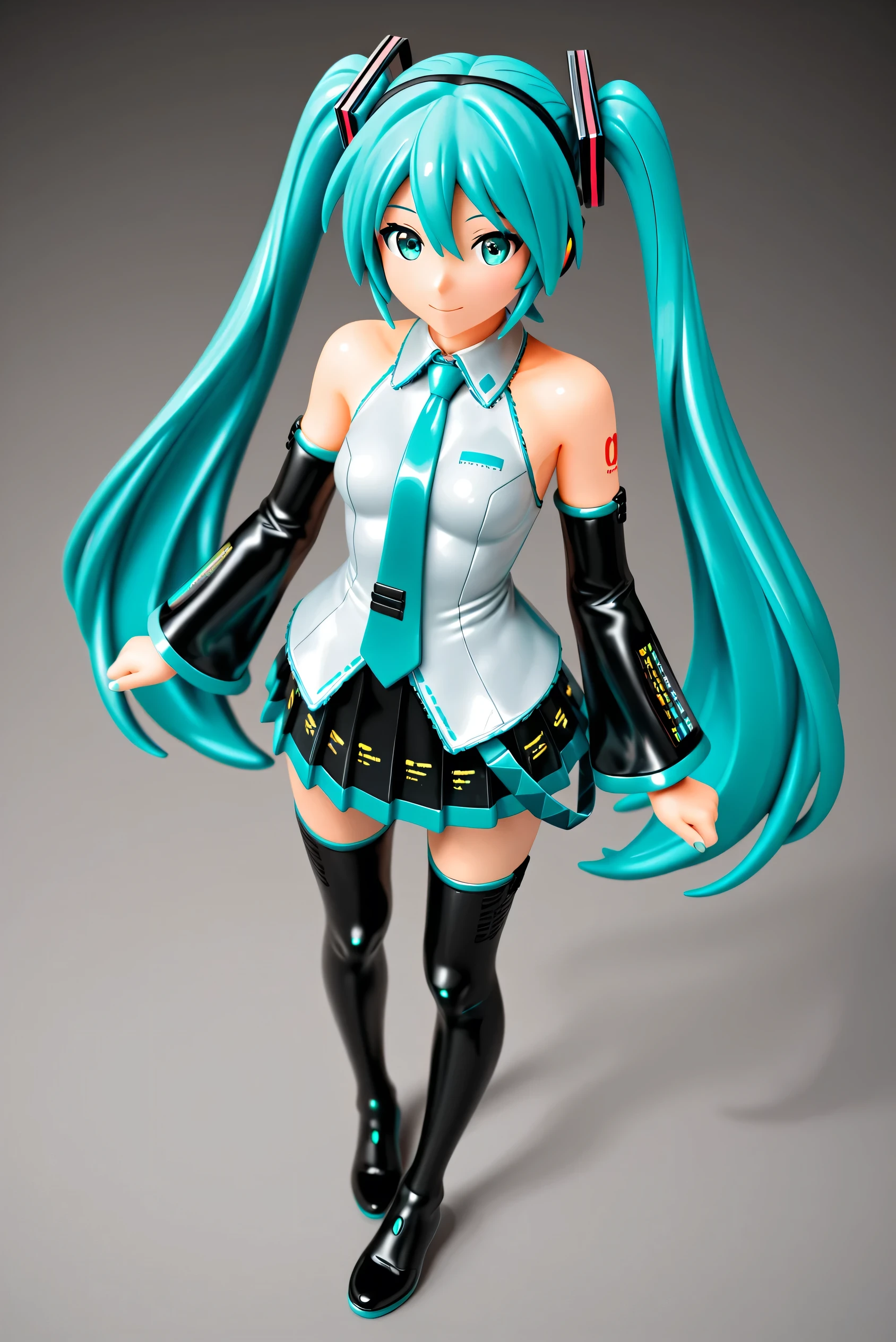 Hatsune Miku anime figure style plastic texture 3D render soft lighting high detail, sharp focus toy-like shading dynamic angle full body