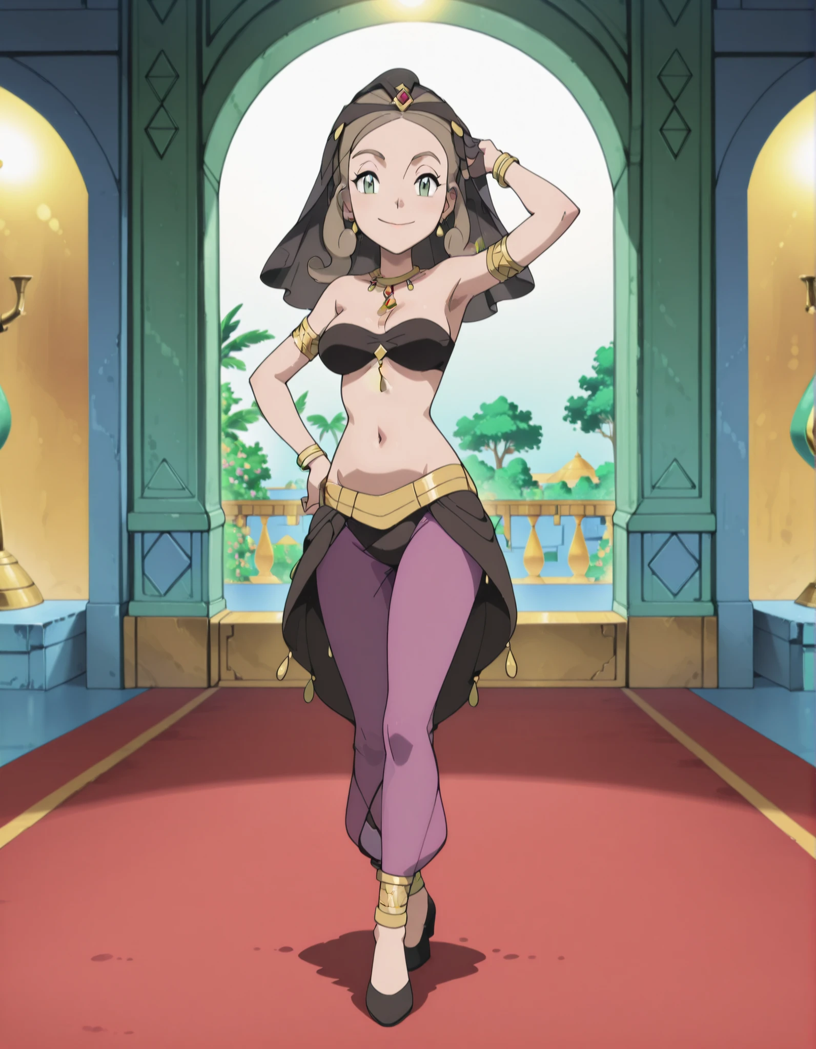 (1girl:1 . 5) , (Seul:1 . 5) , score_9 , score_8_haut , score_7_haut , source_anime , Official work , ultra-detailed , masterpiece , best quality selfie snapshot , high resolution , beaux yeux , detailed eyes , detailed face , beautiful detailed eyes ,Pokemon XY, Alexa,Arabian Clothes , Arabian Dancer ,belly dancer costume ,full body,golden jewelery,armlet, belly dancing,arabian garden,seductive smile, dancing with veil, dynamic movement,dance posture, seductive pose