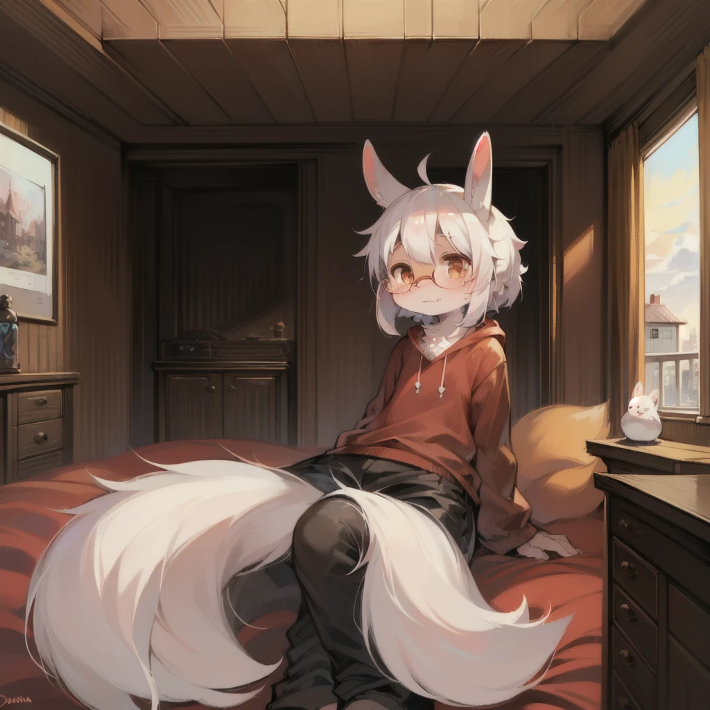 (by zackary911 ) arctic wolf , anthro, muscular , big , big thighs , huge , red eyes , young, shorta ,hair. fluffy tail , castle background, bedroom, tribe member ,tribe jewelries, , tail, fluffy tail, hair, white hair, night, neckless,  pose, tribe stripes, red stripes, laying on bed, on back, sweaty, arms up, tribe member, blushing, pressed against wall, hearts, , loincloth, pov, , loincloth lift, big , thick , wide , 