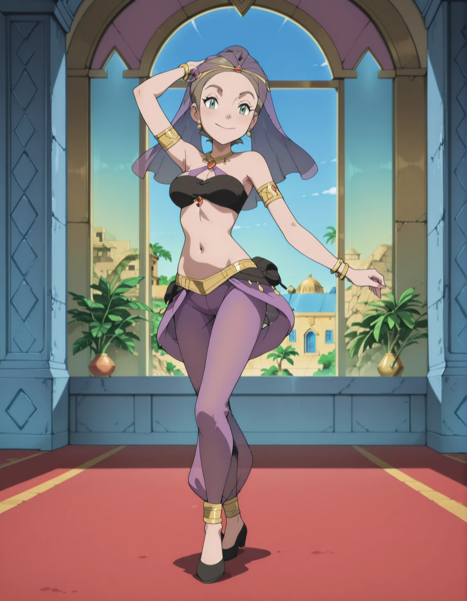 (1girl:1 . 5) , (Seul:1 . 5) , score_9 , score_8_haut , score_7_haut , source_anime , Official work , ultra-detailed , masterpiece , best quality selfie snapshot , high resolution , beaux yeux , detailed eyes , detailed face , beautiful detailed eyes ,Pokemon XY, Alexa,Arabian Clothes , Arabian Dancer ,belly dancer costume ,full body,golden jewelery,armlet, belly dancing,arabian garden,seductive smile, dancing with veil, dynamic movement,dance posture, seductive pose