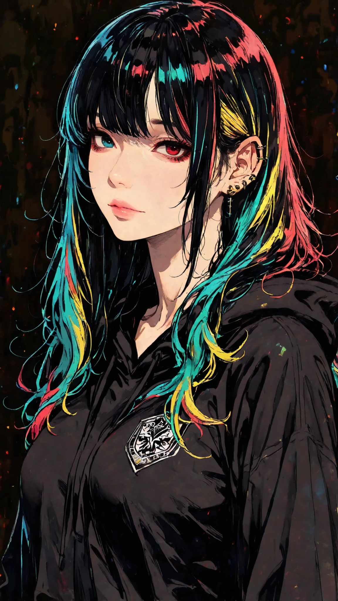 High Quality,4K resolution,Perfectly drawn down to the smallest detail,Realistic, abstract painting,Adult Woman, heterrochromia, small breasts,very beautiful long hair,multicolored hair,lots of piercings,black hoodie over school uniform,dark background,