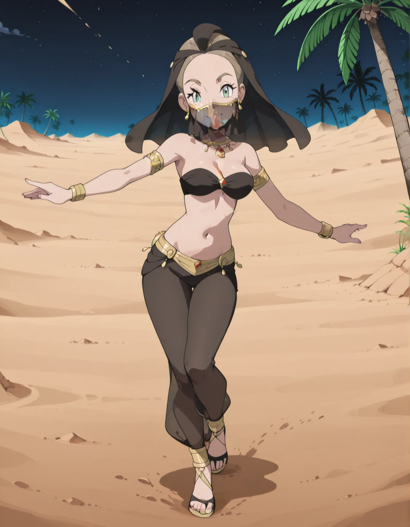 (1girl:1 . 5) , (Seul:1 . 5) , score_9 , score_8_haut , score_7_haut , source_anime , Official work , ultra-detailed , masterpiece , best quality selfie snapshot , high resolution , beaux yeux , detailed eyes , detailed face , beautiful detailed eyes ,Pokemon XY, Alexa,Arabian Clothes , Arabian Dancer ,belly dancer costume ,full body,golden jewelery,mouth veil,armlet, belly dancing,night,desert lands,palm tree,seductive smile, dancing with veil, dynamic movement,dance posture, seductive pose