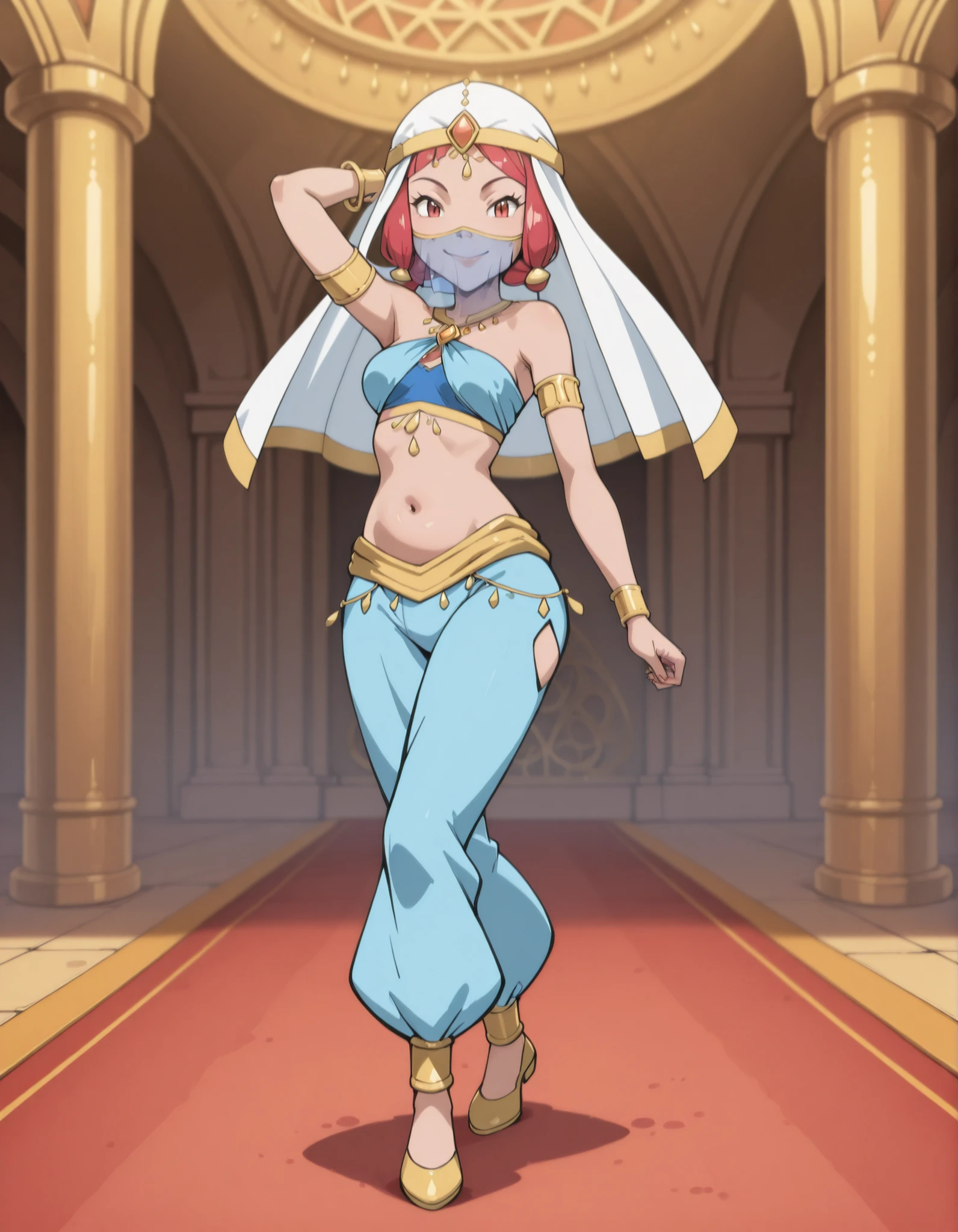 (1girl:1 . 5) , (Seul:1 . 5) , score_9 , score_8_haut , score_7_haut , source_anime , Official work , ultra-detailed , masterpiece , best quality selfie snapshot , high resolution , beaux yeux , detailed eyes , detailed face , beautiful detailed eyes ,Pokemon XY, Aria,Arabian Clothes , Arabian Dancer ,belly dancer costume ,full body,golden jewelery,mouth veil,armlet, belly dancing,arabian theater,seductive smile, dancing with veil, dynamic movement,dance posture, seductive pose