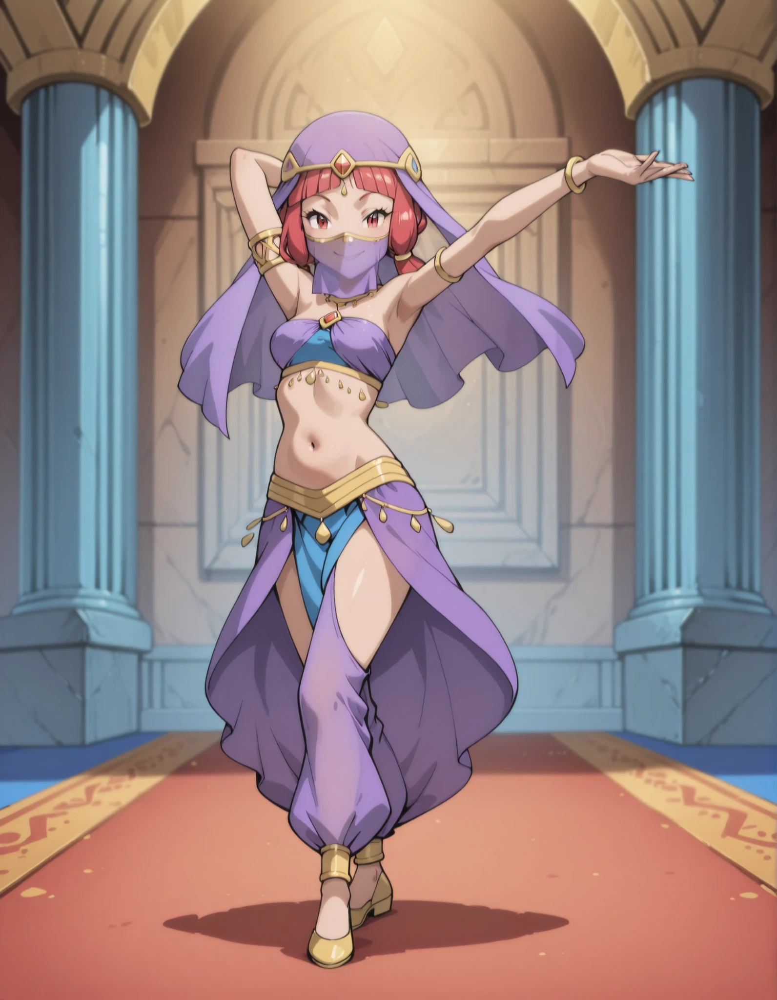 (1girl:1 . 5) , (Seul:1 . 5) , score_9 , score_8_haut , score_7_haut , source_anime , Official work , ultra-detailed , masterpiece , best quality selfie snapshot , high resolution , beaux yeux , detailed eyes , detailed face , beautiful detailed eyes ,Pokemon XY, Aria,Arabian Clothes , Arabian Dancer ,belly dancer costume ,full body,golden jewelery,mouth veil,armlet, belly dancing,arabian theater,seductive smile, dancing with veil, dynamic movement,dance posture, seductive pose