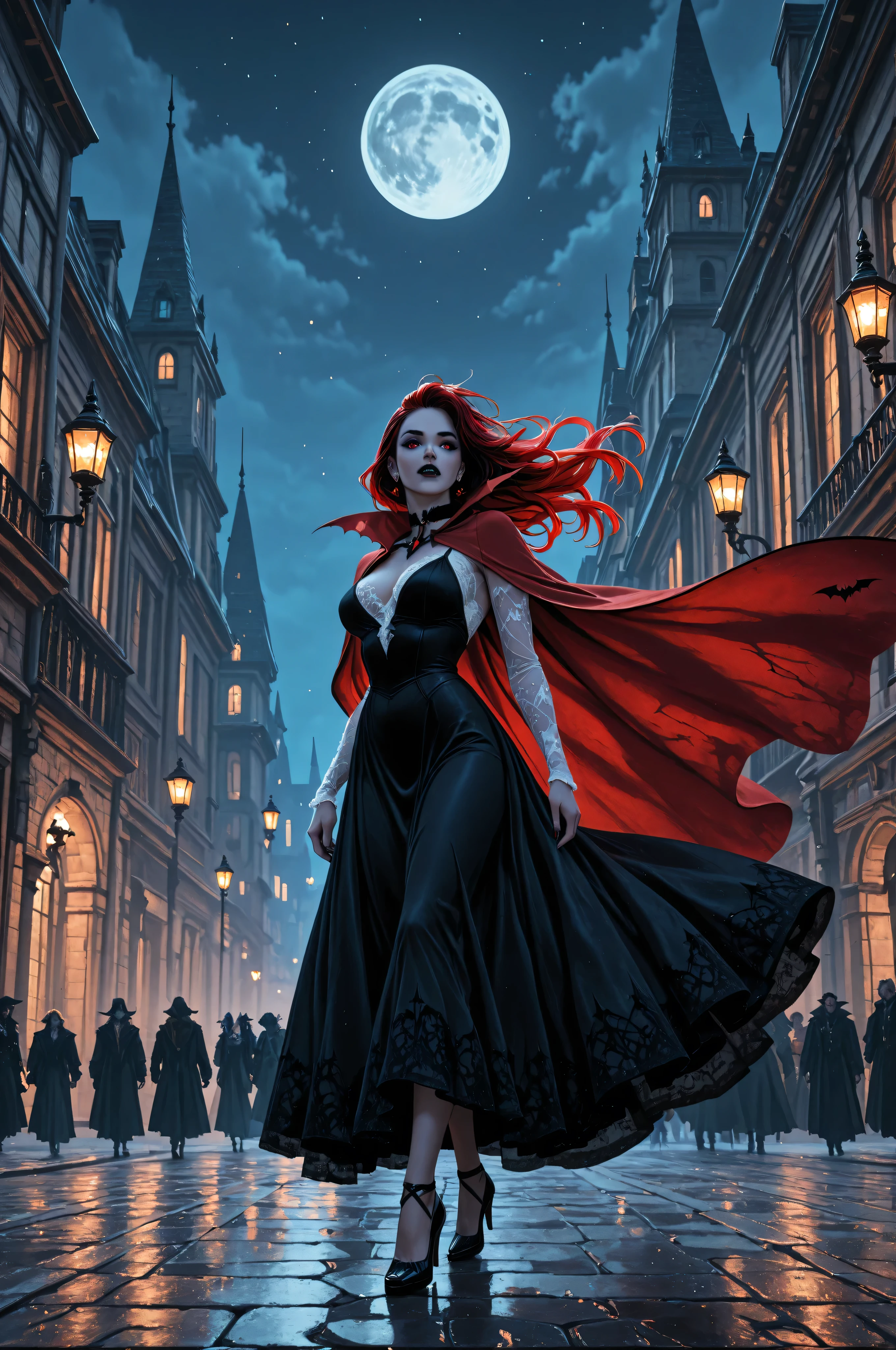 aidmaMJ6.1,,comic art, fantasy art, RPG art, a picture of a female vampire walking in a windy day, in the big city, a beautiful mature vampire , elegant vampire, dynamic hair color, dynamic hair style, wearing intricate white silk dress,  billowing in the wind, flowing red cloak, high heels,  standing in goth city at night, windy night, goth buildings, lit by torches, moon in the sky, 16k, [ultra detailed], masterpiece, best quality, (ultra detailed), full body, 