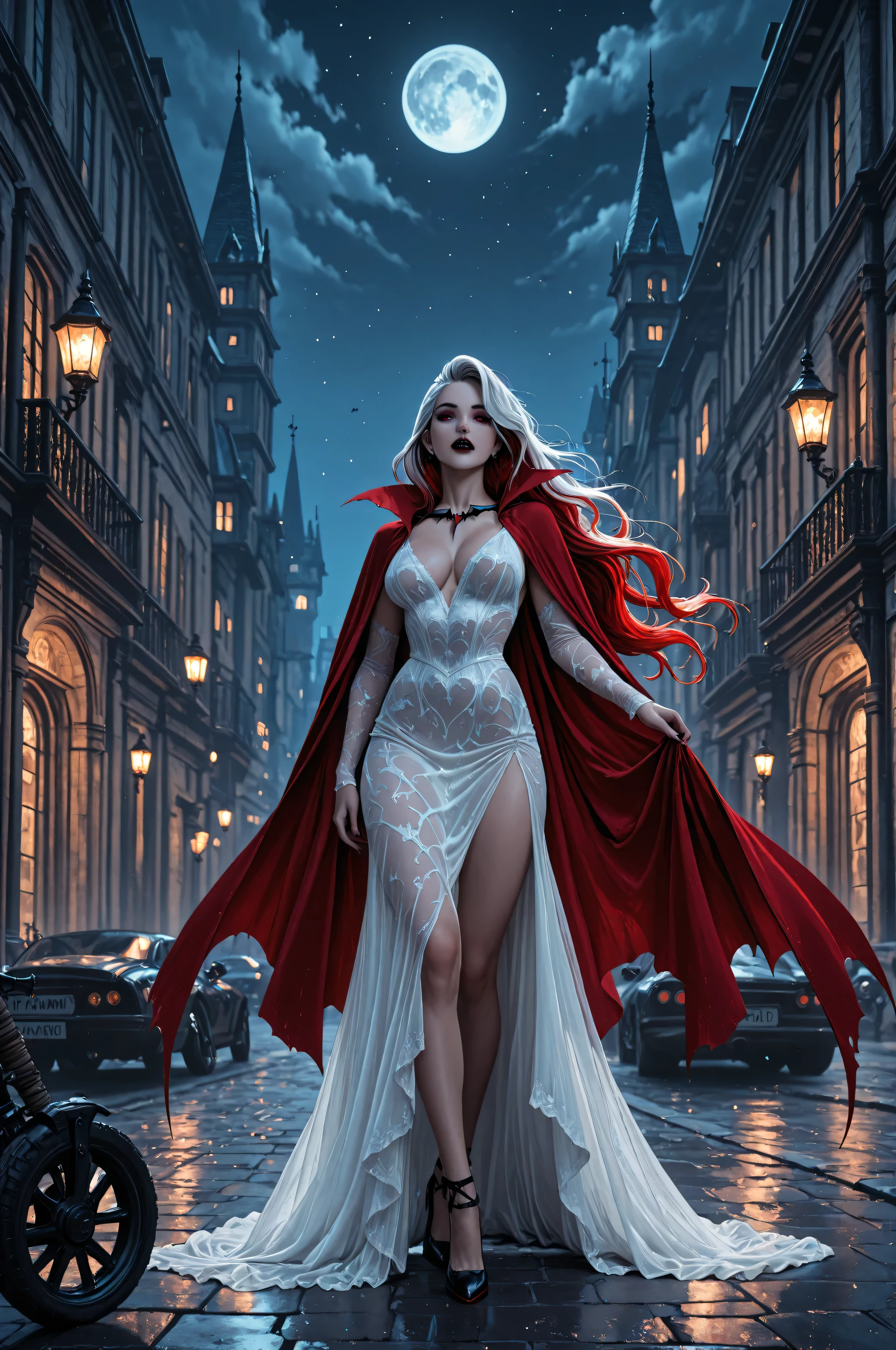 aidmaMJ6.1,,comic art, fantasy art, RPG art, a picture of a female vampire walking in a windy day, in the big city, a beautiful mature vampire , elegant vampire, dynamic hair color, dynamic hair style, wearing intricate white silk dress,  billowing in the wind, flowing red cloak, high heels,  standing in goth city at night, windy night, goth buildings, lit by torches, moon in the sky, 16k, [ultra detailed], masterpiece, best quality, (ultra detailed), full body, 