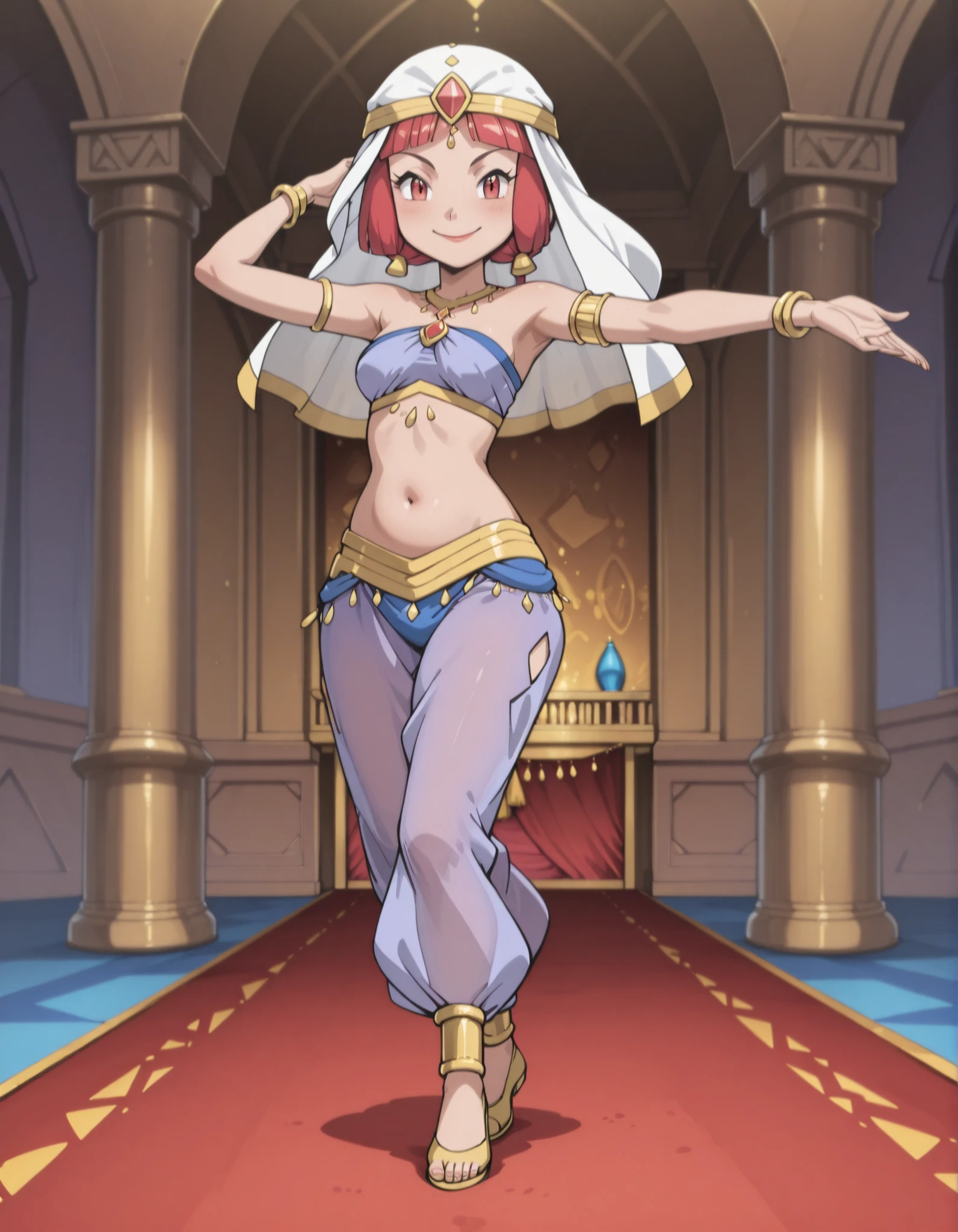 (1girl:1 . 5) , (Seul:1 . 5) , score_9 , score_8_haut , score_7_haut , source_anime , Official work , ultra-detailed , masterpiece , best quality selfie snapshot , high resolution , beaux yeux , detailed eyes , detailed face , beautiful detailed eyes ,Pokemon XY, Aria,Arabian Clothes , Arabian Dancer ,belly dancer costume ,full body,golden jewelery,armlet, belly dancing,arabian theater,seductive smile, dancing with veil, dynamic movement,dance posture, seductive pose