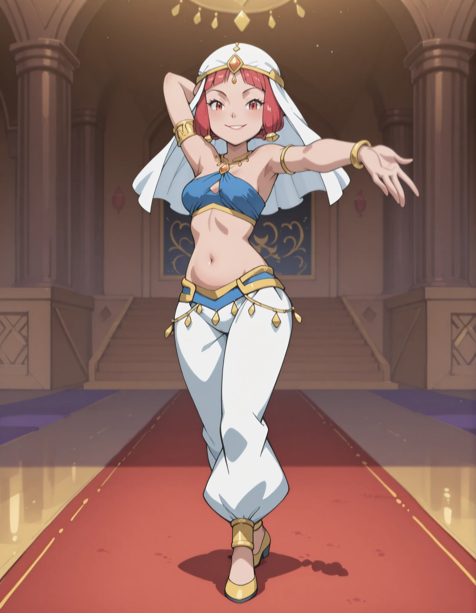 (1girl:1 . 5) , (Seul:1 . 5) , score_9 , score_8_haut , score_7_haut , source_anime , Official work , ultra-detailed , masterpiece , best quality selfie snapshot , high resolution , beaux yeux , detailed eyes , detailed face , beautiful detailed eyes ,Pokemon XY, Aria,Arabian Clothes , Arabian Dancer ,belly dancer costume ,full body,golden jewelery,armlet, belly dancing,arabian theater,seductive smile, dancing with veil, dynamic movement,dance posture, seductive pose