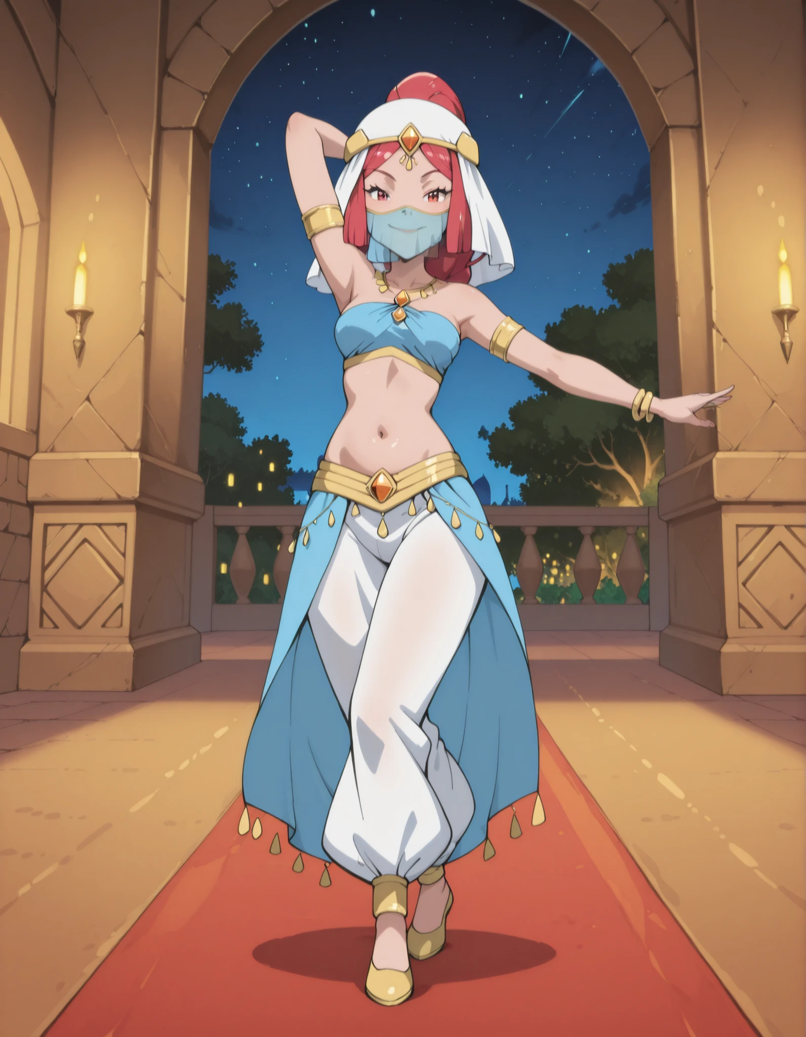 (1girl:1 . 5) , (Seul:1 . 5) , score_9 , score_8_haut , score_7_haut , source_anime , Official work , ultra-detailed , masterpiece , best quality selfie snapshot , high resolution , beaux yeux , detailed eyes , detailed face , beautiful detailed eyes ,Pokemon XY, Aria,Arabian Clothes , Arabian Dancer ,belly dancer costume ,full body,golden jewelery,mouth veil,armlet, belly dancing,night,arabian garden,seductive smile, dancing with veil, dynamic movement,dance posture, seductive pose