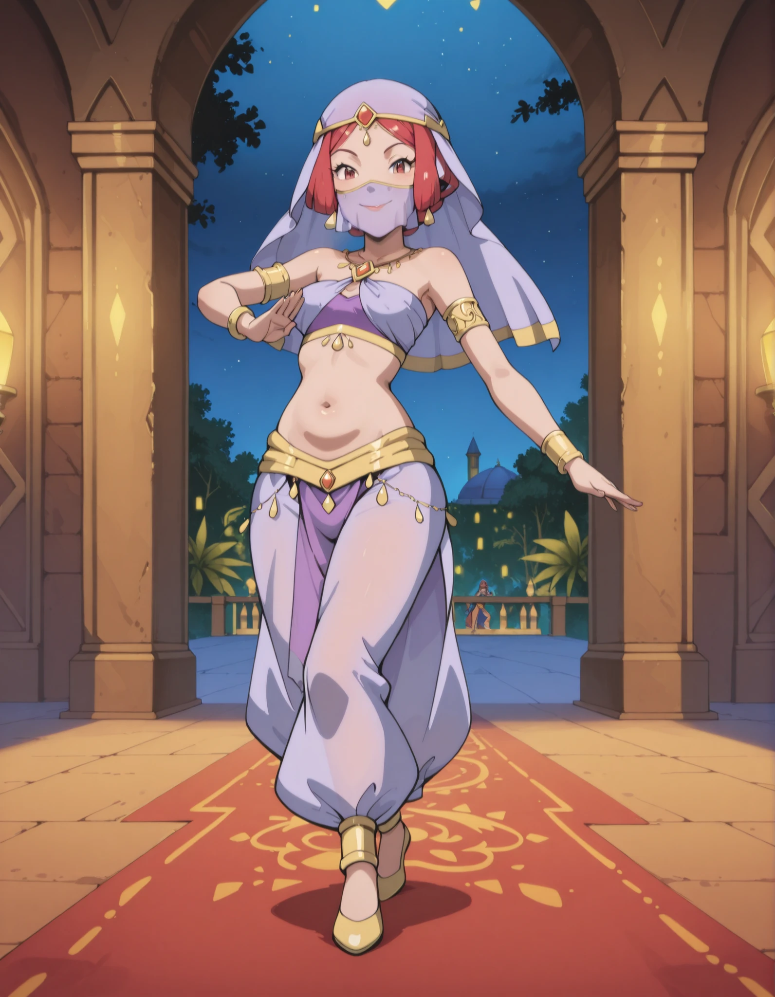 (1girl:1 . 5) , (Seul:1 . 5) , score_9 , score_8_haut , score_7_haut , source_anime , Official work  , ultra-detailed , masterpiece , best quality selfie snapshot , high resolution , beaux yeux , detailed eyes , detailed face , beautiful detailed eyes ,Pokemon XY, Aria,Arabian Clothes , Arabian Dancer ,belly dancer costume ,full body,golden jewelery,mouth veil,armlet, belly dancing,night,arabian garden,seductive smile, dancing with veil, dynamic movement,dance posture, seductive pose