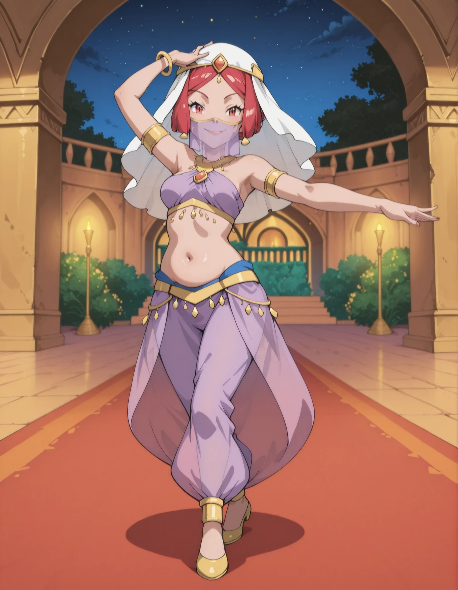 (1girl:1 . 5) , (Seul:1 . 5) , score_9 , score_8_haut , score_7_haut , source_anime , Official work , ultra-detailed , masterpiece , best quality selfie snapshot , high resolution , beaux yeux , detailed eyes , detailed face , beautiful detailed eyes ,Pokemon XY, Aria,Arabian Clothes , Arabian Dancer ,belly dancer costume ,full body,golden jewelery,mouth veil,armlet, belly dancing,night,arabian garden,seductive smile, dancing with veil, dynamic movement,dance posture, seductive pose