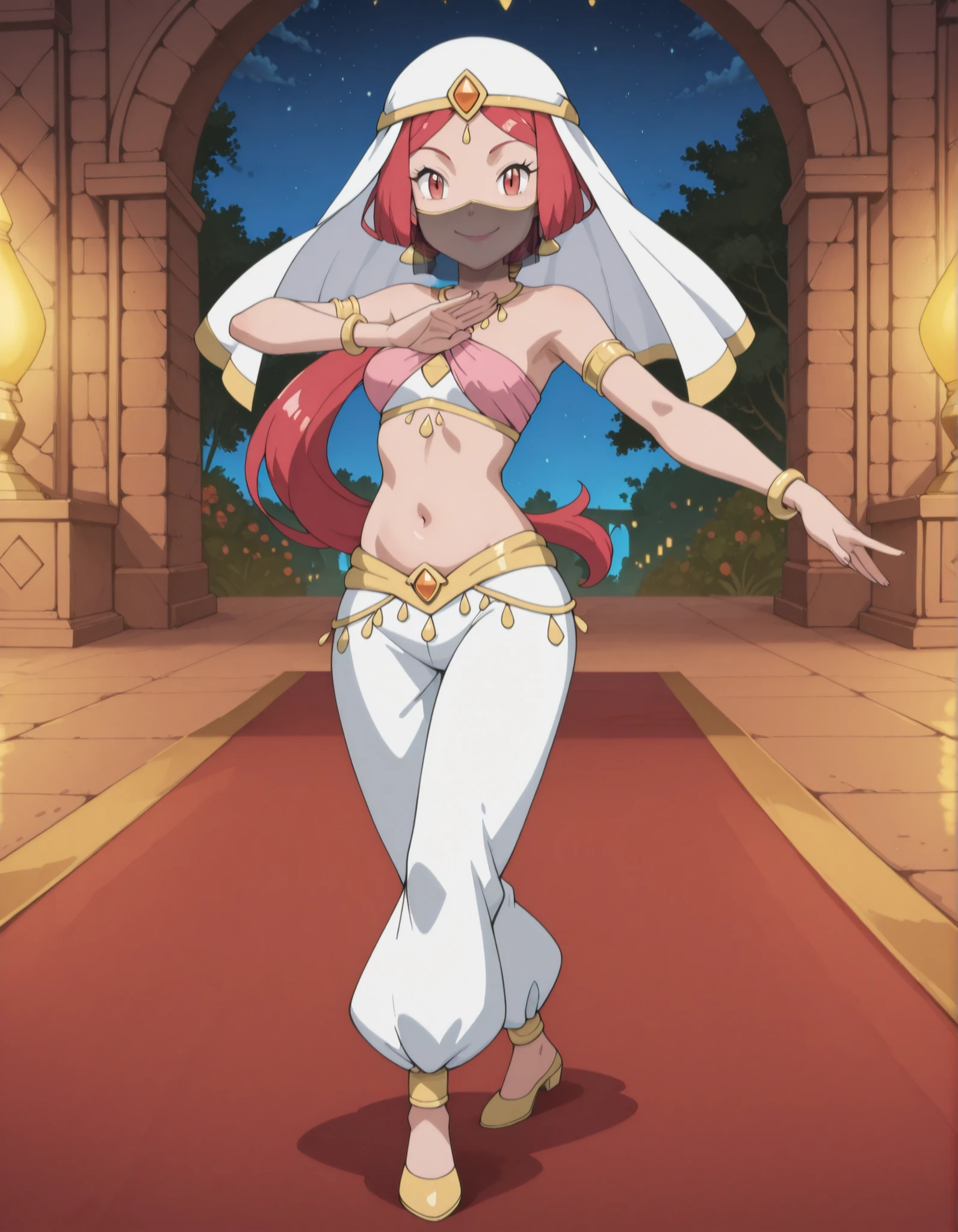 (1girl:1 . 5) , (Seul:1 . 5) , score_9 , score_8_haut , score_7_haut , source_anime , Official work , ultra-detailed , masterpiece , best quality selfie snapshot , high resolution , beaux yeux , detailed eyes , detailed face , beautiful detailed eyes ,Pokemon XY, Aria,Arabian Clothes , Arabian Dancer ,belly dancer costume ,full body,golden jewelery,mouth veil,armlet, belly dancing,night,arabian garden,seductive smile, dancing with veil, dynamic movement,dance posture, seductive pose