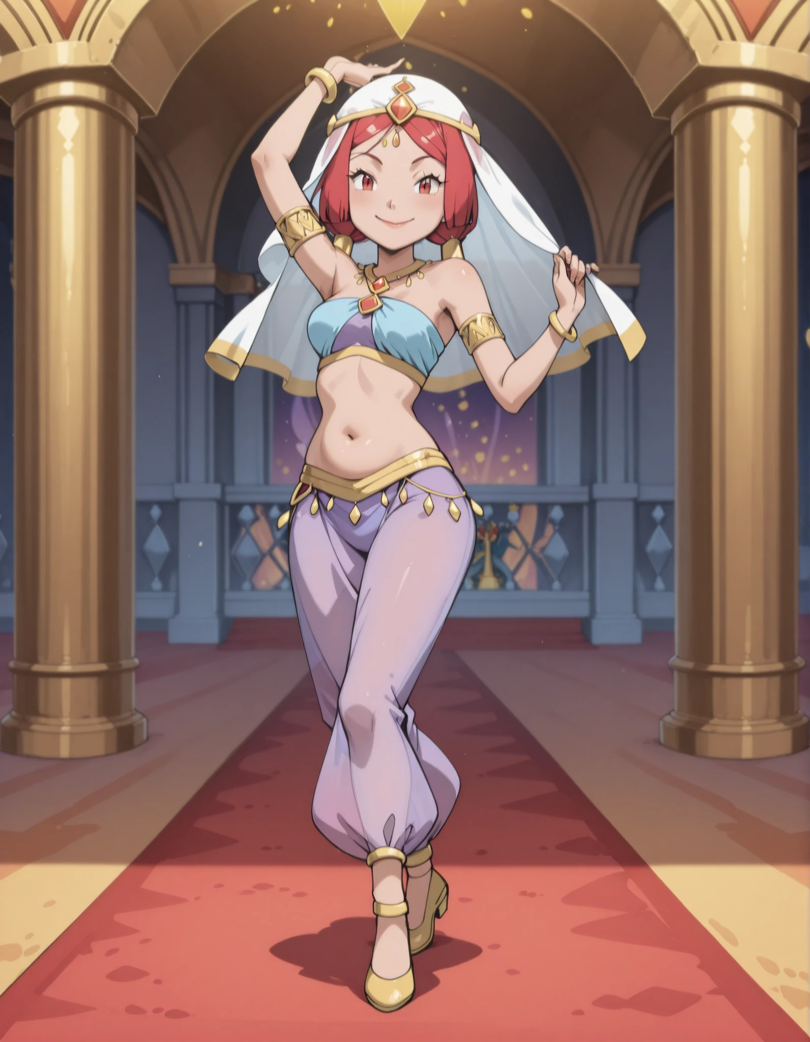(1girl:1 . 5) , (Seul:1 . 5) , score_9 , score_8_haut , score_7_haut , source_anime , Official work , ultra-detailed , masterpiece , best quality selfie snapshot , high resolution , beaux yeux , detailed eyes , detailed face , beautiful detailed eyes ,Pokemon XY, Aria,Arabian Clothes , Arabian Dancer ,belly dancer costume ,full body,golden jewelery,armlet, belly dancing,arabian garden,seductive smile, dancing with veil, dynamic movement,dance posture, seductive pose