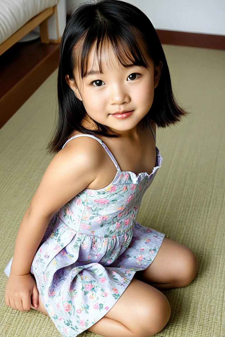 7 year old girl, Asian, wearing a cute dress, in a dinner room