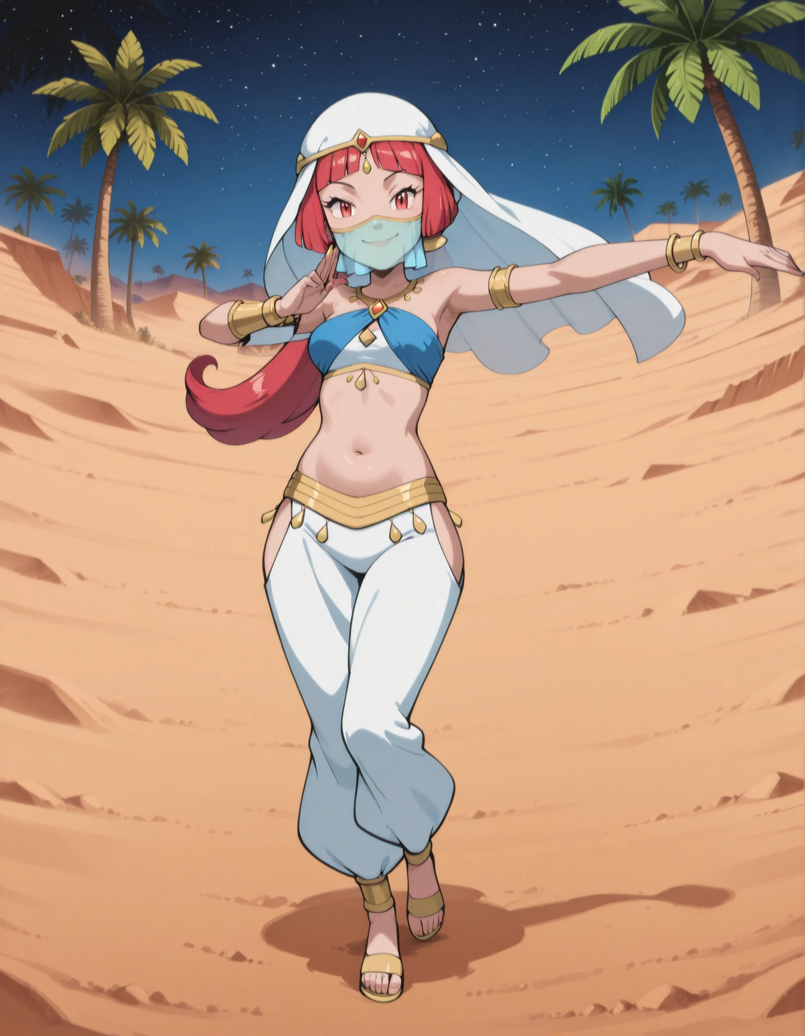 (1girl:1 . 5) , (Seul:1 . 5) , score_9 , score_8_haut , score_7_haut , source_anime , Official work , ultra-detailed , masterpiece , best quality selfie snapshot , high resolution , beaux yeux , detailed eyes , detailed face , beautiful detailed eyes ,Pokemon X&Y, Aria,Arabian Clothes , Arabian Dancer ,belly dancer costume ,full body,golden jewelery,mouth veil,armlet, belly dancing,night,desert lands,palm tree,seductive smile, dancing with veil, dynamic movement,dance posture, seductive pose