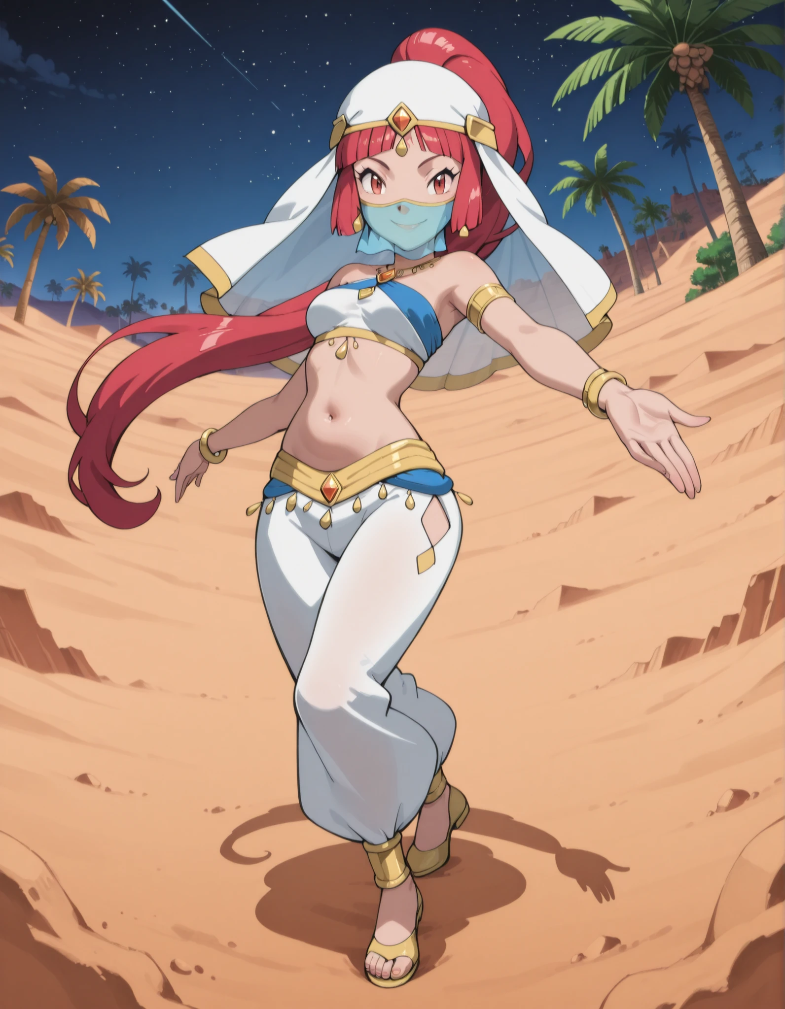 (1girl:1 . 5) , (Seul:1 . 5) , score_9 , score_8_haut , score_7_haut , source_anime , Official work  , ultra-detailed , masterpiece , best quality selfie snapshot , high resolution , beaux yeux , detailed eyes , detailed face , beautiful detailed eyes ,Pokemon X&Y, Aria,Arabian Clothes , Arabian Dancer ,belly dancer costume ,full body,golden jewelery,mouth veil,armlet, belly dancing,night,desert lands,palm tree,seductive smile, dancing with veil, dynamic movement,dance posture, seductive pose