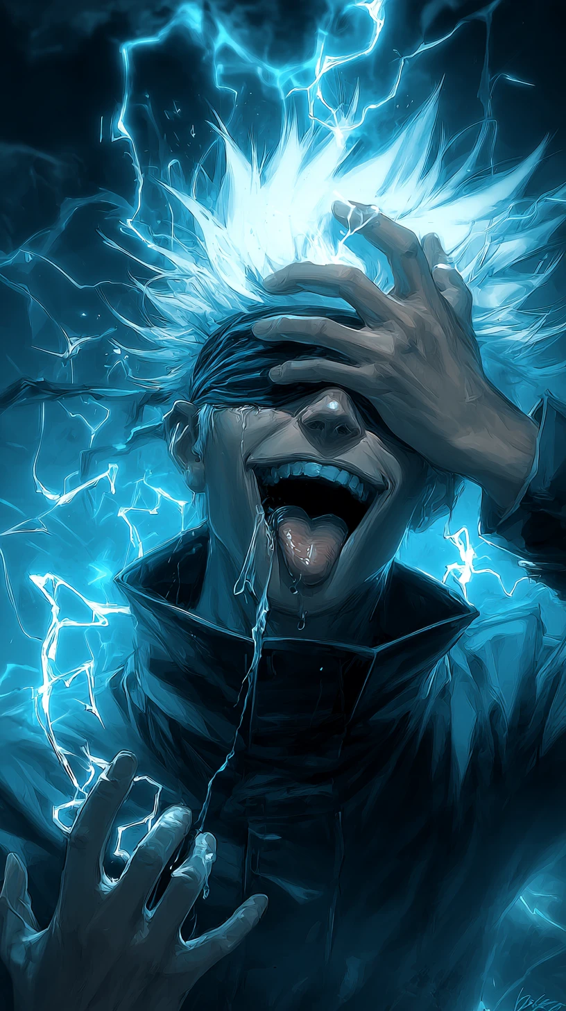 An intense, dynamic photorealistic portrait of a male character with spiky, glowing white-blue hair, wearing a blindfold and a dark, high-collared jacket. His face is contorted in a wide, maniacal grin, mouth open with tongue extended, and black liquid drips from his mouth and chin. His right hand is raised, fingers splayed, covering the upper part of his face and blindfold. The character is engulfed in brilliant, electric blue lightning and energy arcs that emanate from him, acting as a powerful backlight and rim light, illuminating his hair and features with a cool glow. Dark, swirling tendrils or shadows wrap around his form. The background is a deep, abstract blue, filled with more glowing blue energy. The composition is a close-up to medium shot, vertically oriented, with the character centered, captured at an eye-level or slightly low angle. The lighting is dramatic and high-contrast, emphasizing the glowing blue elements against deep shadows. The overall aesthetic is dark fantasy, high-energy, and supernatural, rendered in a detailed digital art style with a shallow depth of field.